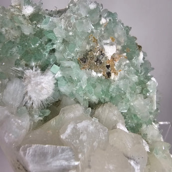 Snowball Apophyllite - Okenite on Pointed Green Apophyllite from Pune District, Maharashtra, India