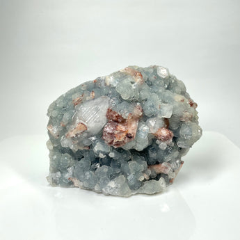 Apophyllite with Hematite Included Stilbite on Sugary Blue Chalcedony (Nasik, Maharashtra, India)