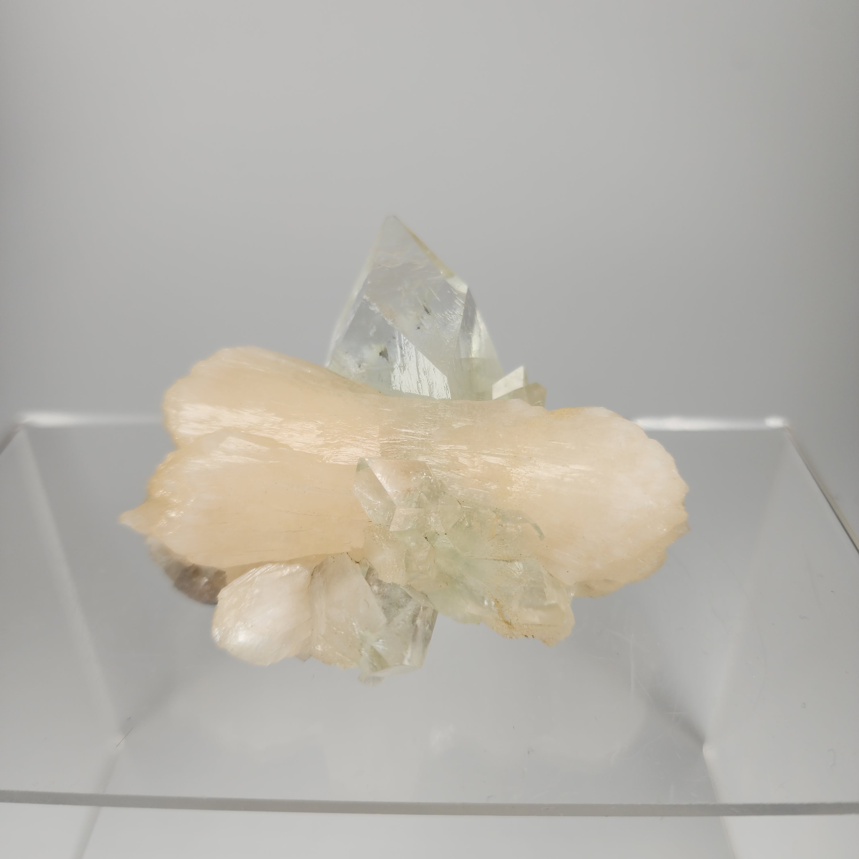 Fine Specimen - Pointed Green Apophyllite with Stilbite