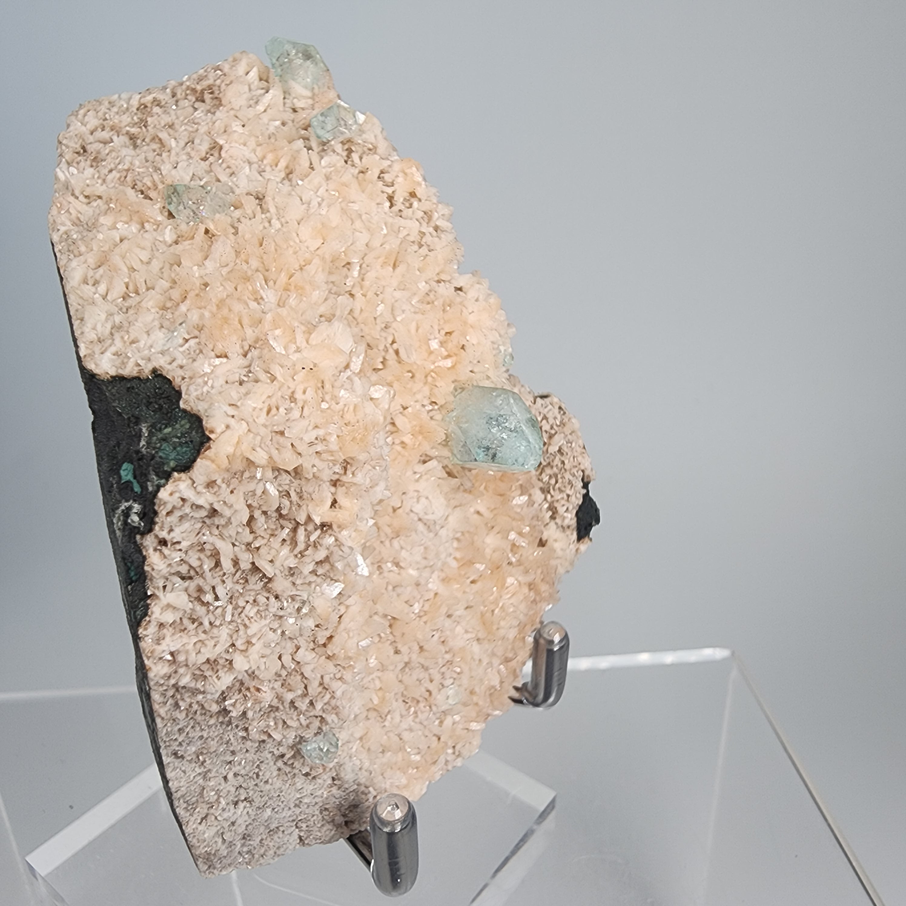 Aqua Diamond Apophyllite on Orange Heualandite Specimen #17 from Ahmednagar, Maharashtra, India