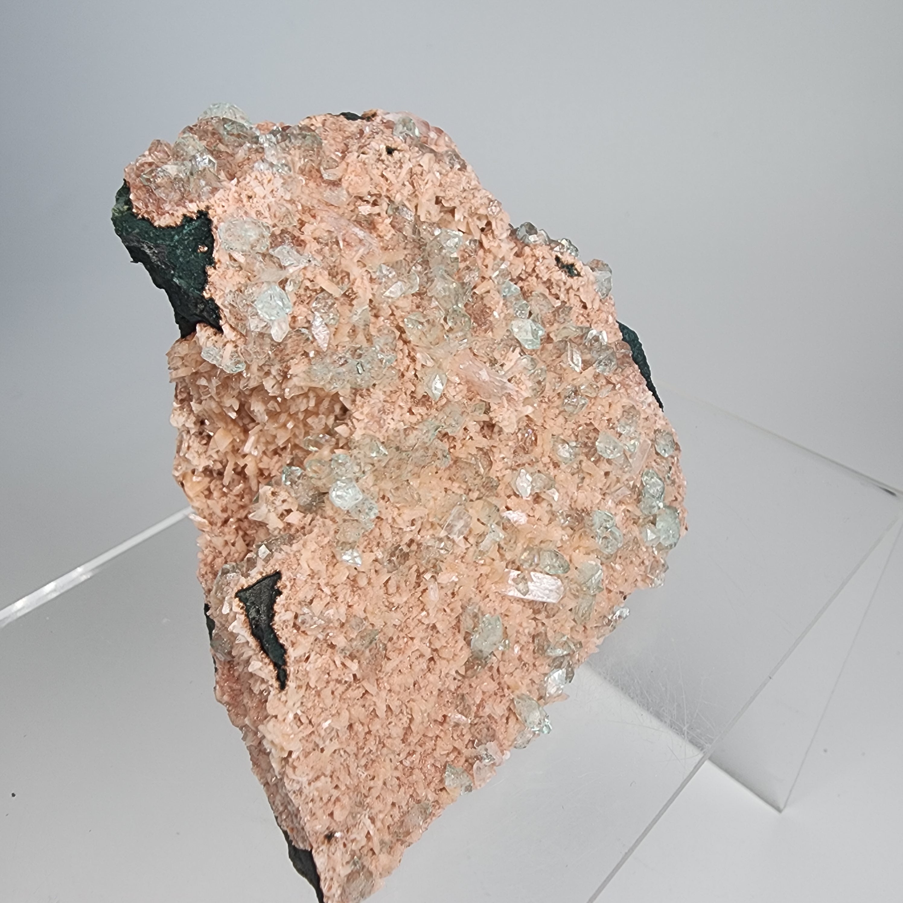 Aqua Diamond Apophyllite on Orange Heualandite Specimen #18 from Ahmednagar, Maharashtra, India