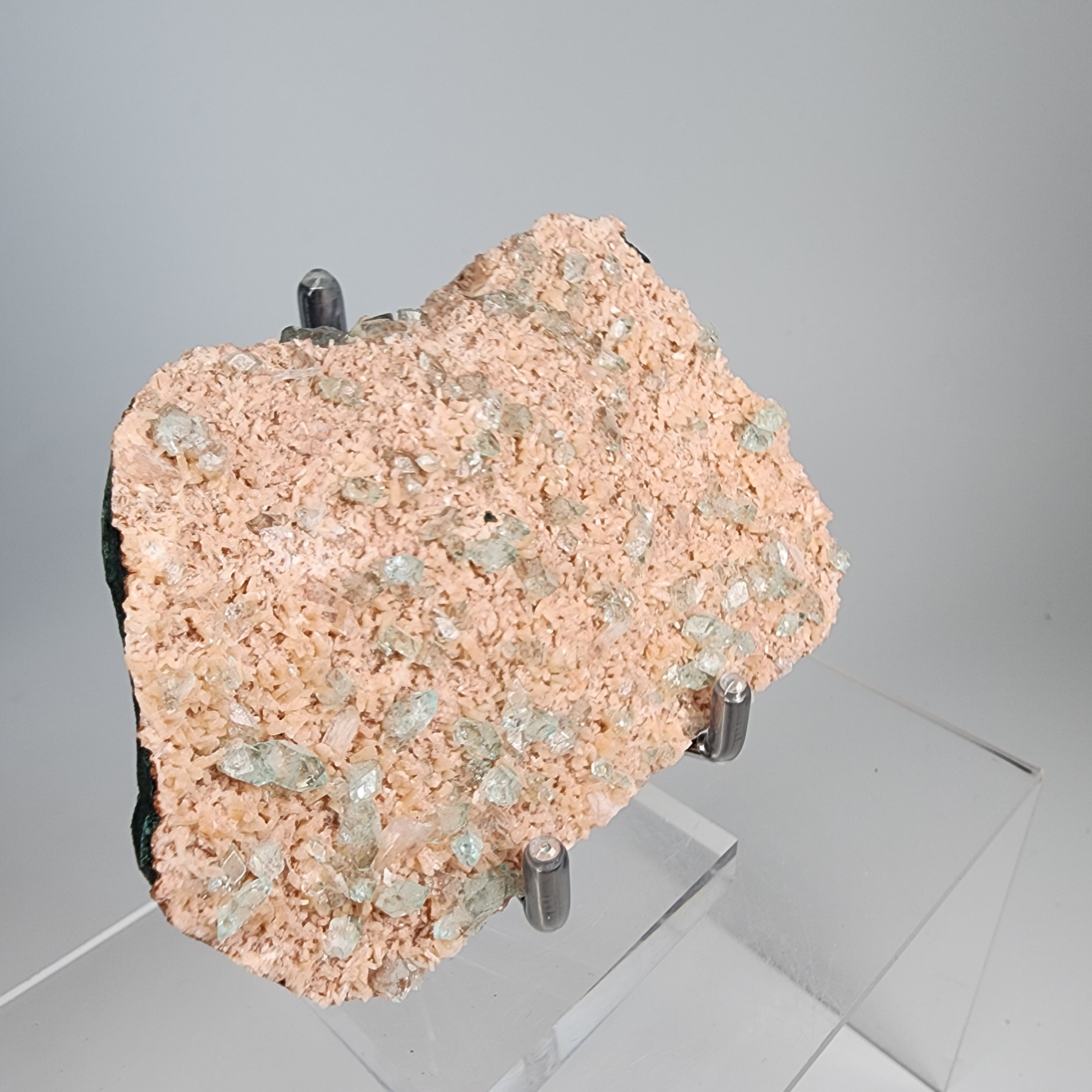 Aqua Diamond Apophyllite on Orange Heualandite Specimen #20 from Ahmednagar, Maharashtra, India