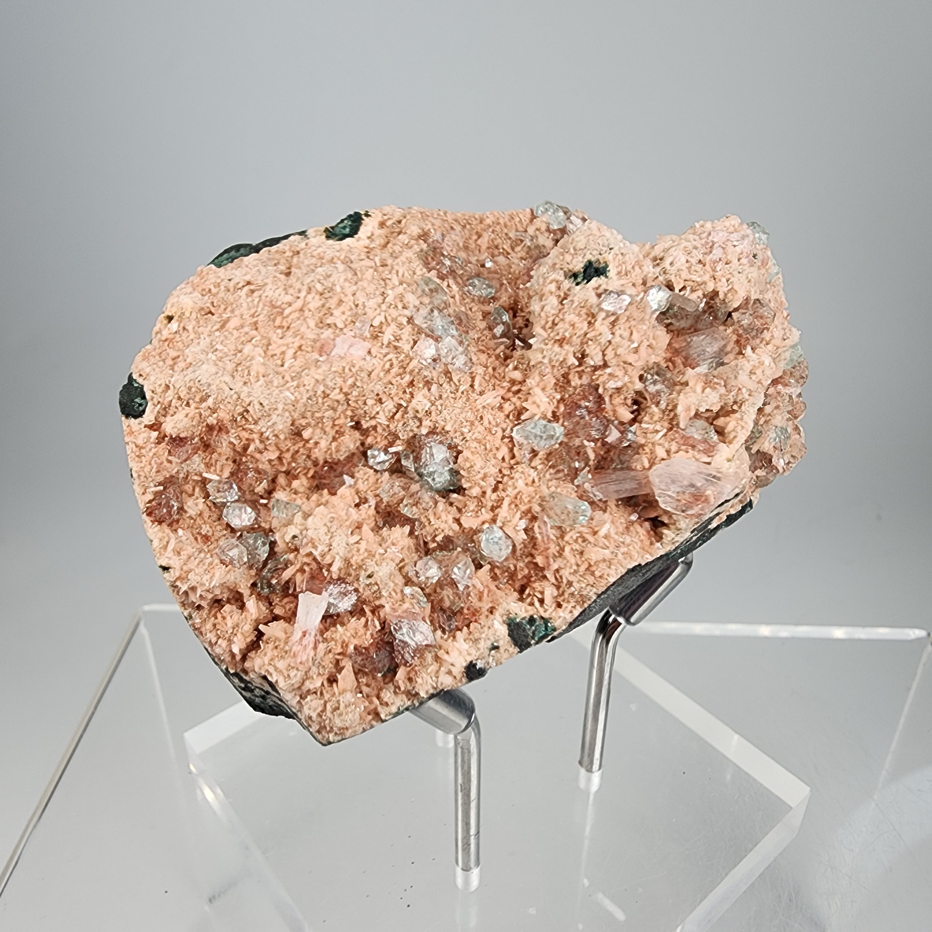 Aqua Diamond Apophyllite on Orange Heualandite Specimen #28 from Ahmednagar, Maharashtra, India