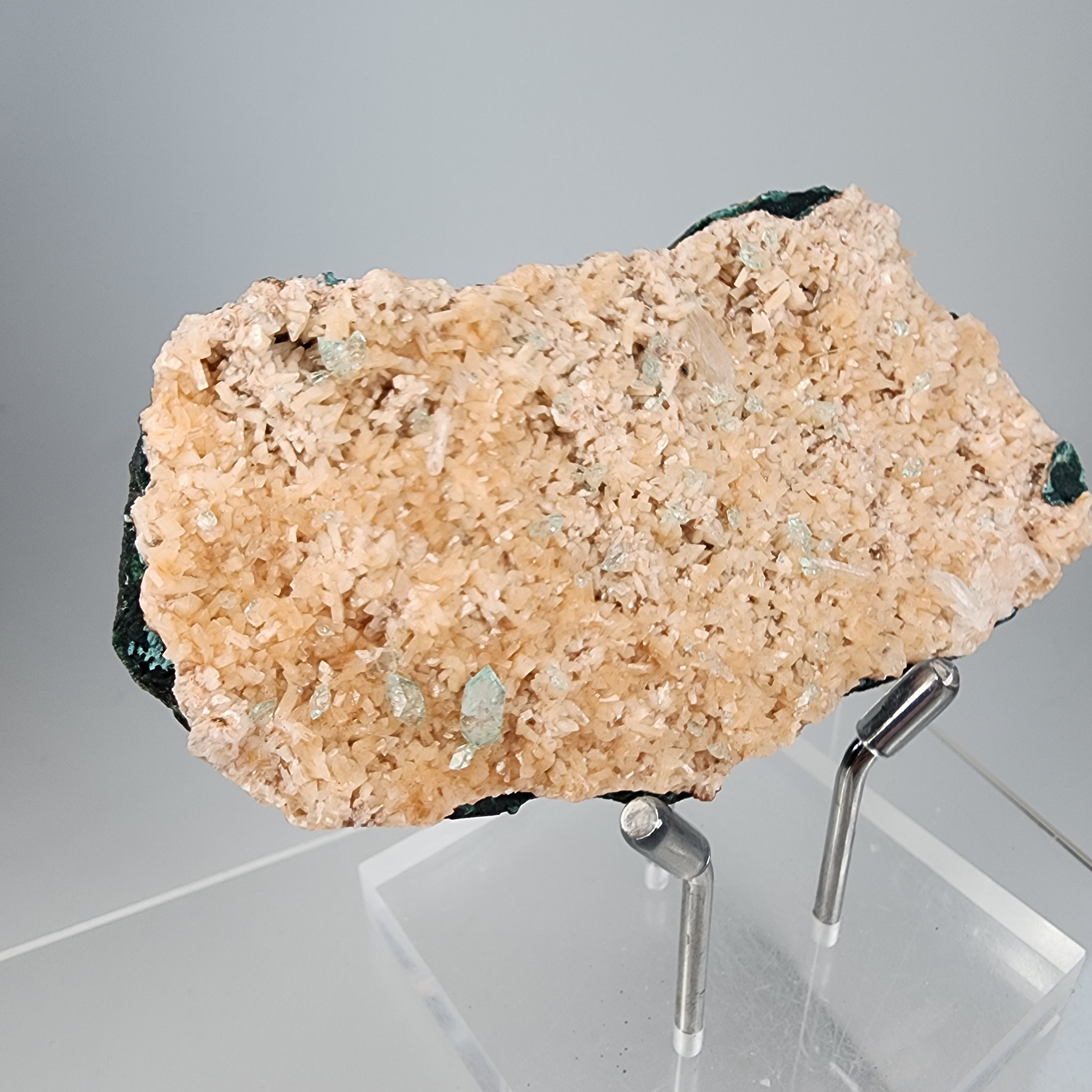 Aqua Diamond Apophyllite on Orange Heualandite Specimen #31 from Ahmednagar, Maharashtra, India