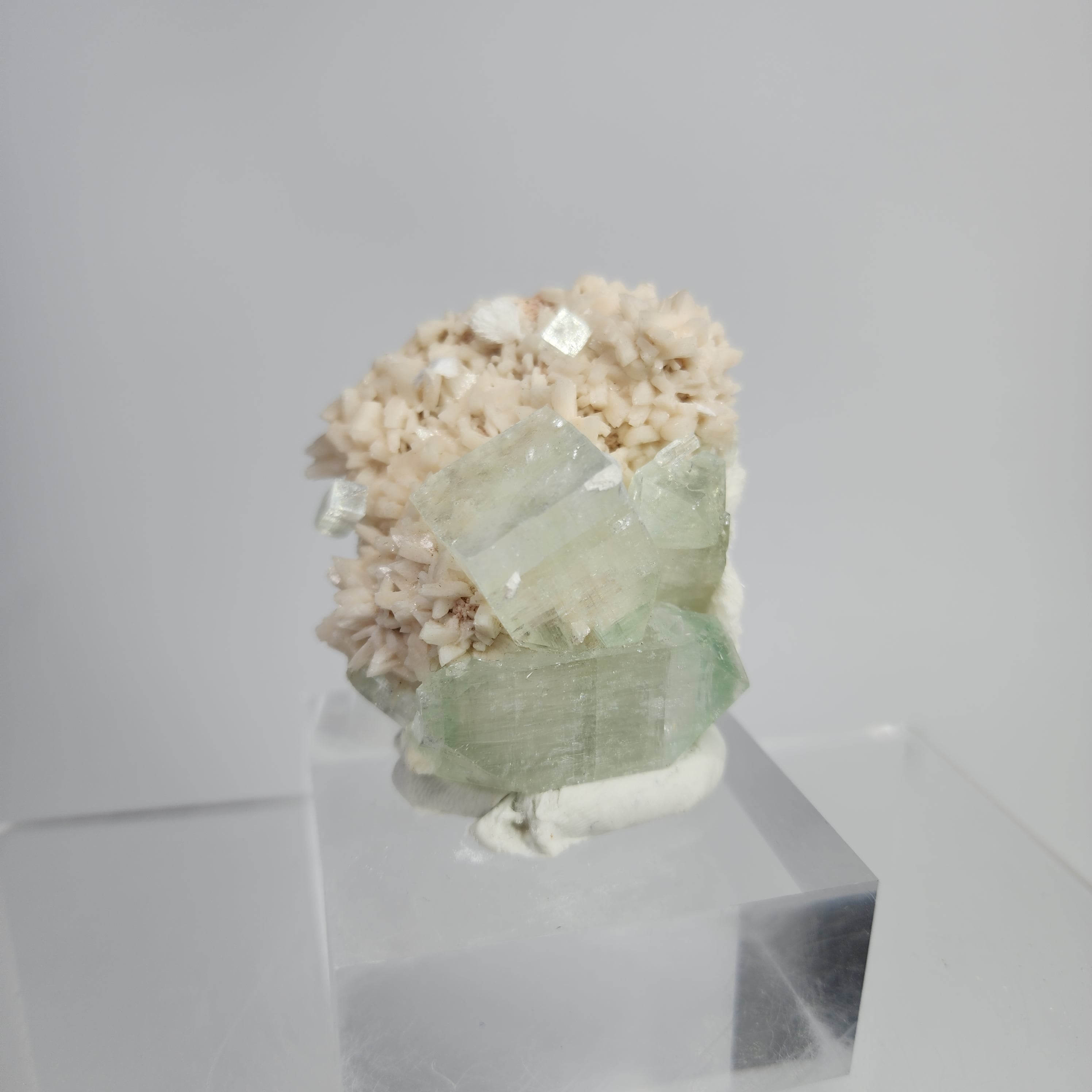 Okenite on Green Apophyllite Specimen #3 from Aurangabad, Maharashtra, India