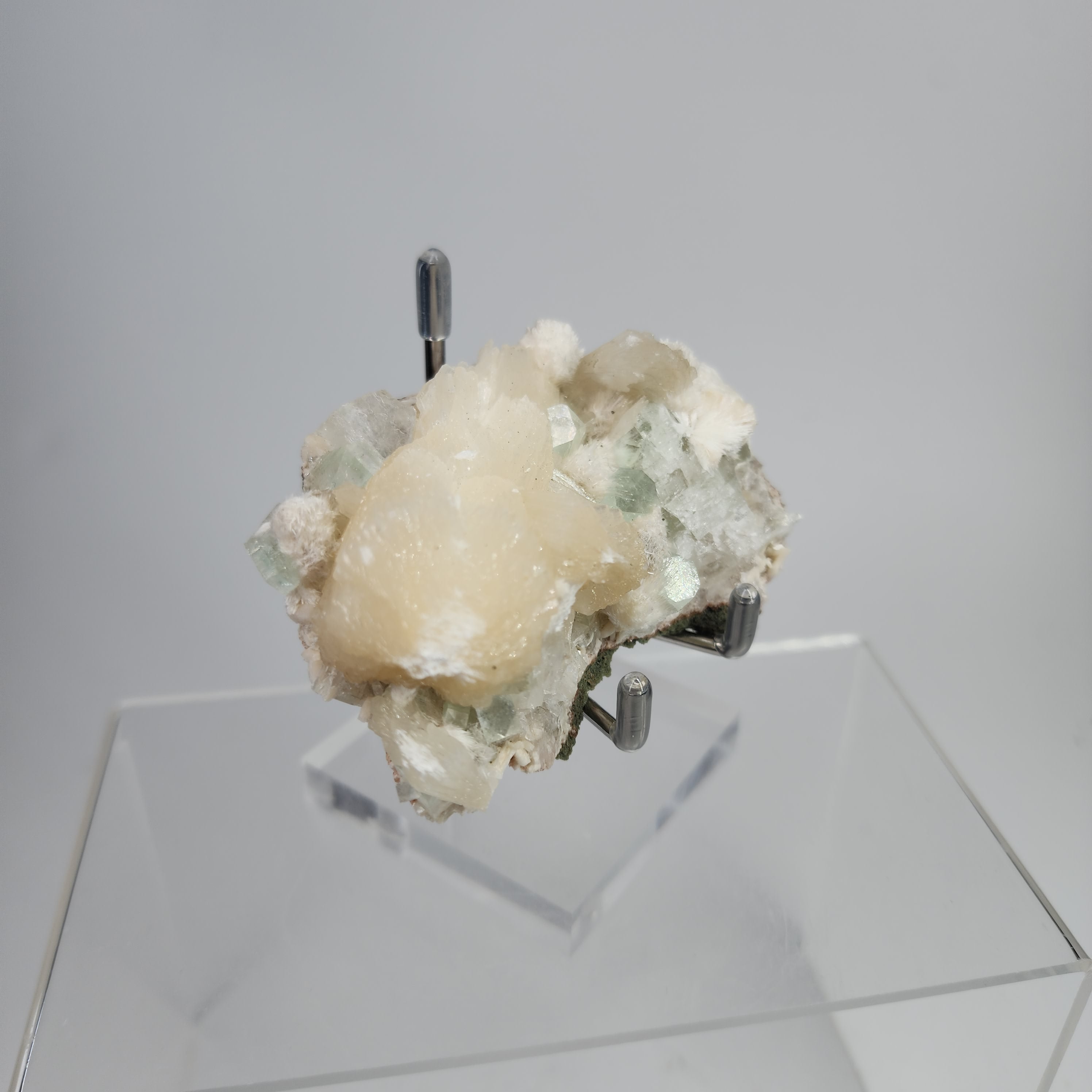 Okenite on Green Apophyllite Specimen #4 from Aurangabad, Maharashtra, India