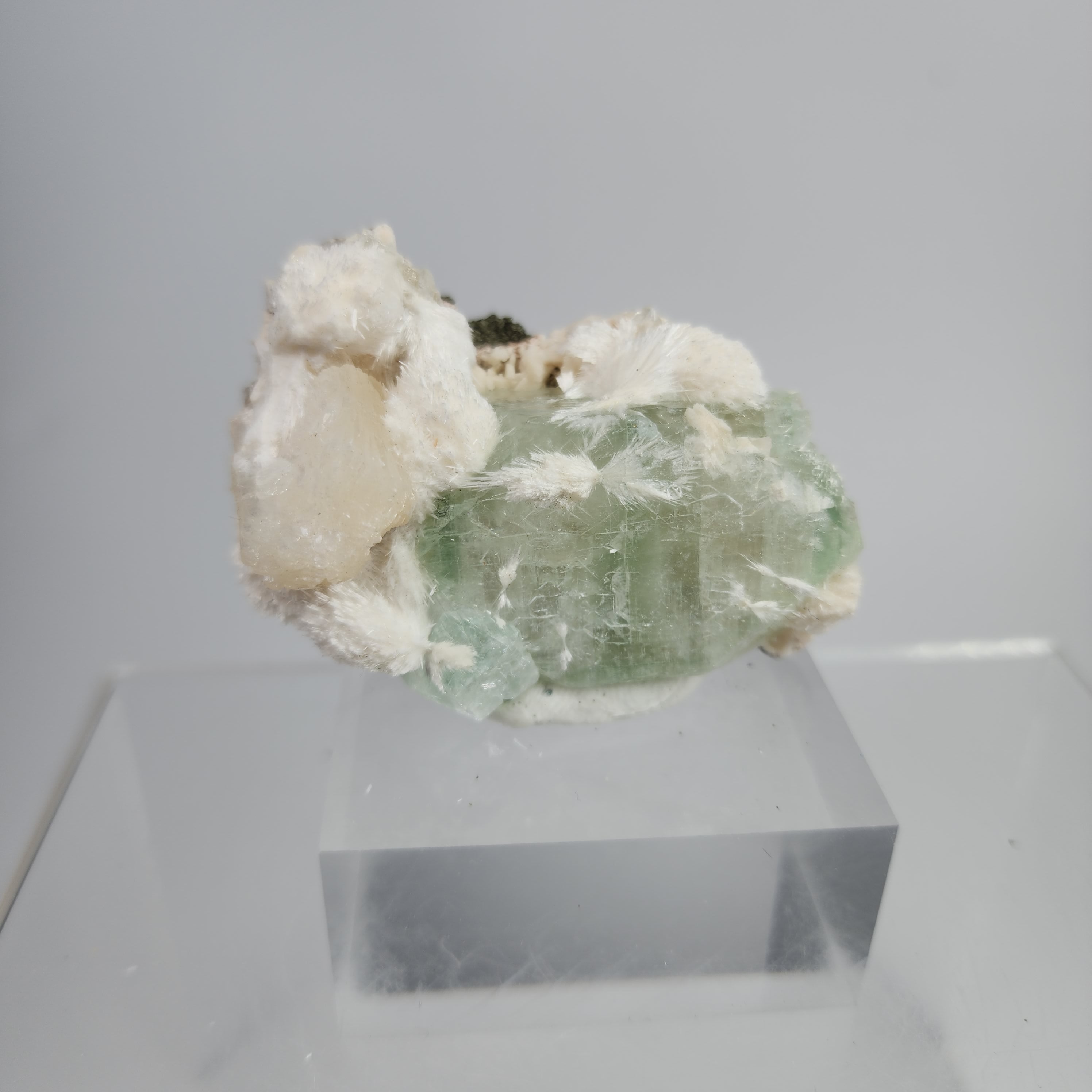 Okenite on Green Apophyllite Specimen #8 from Aurangabad, Maharashtra, India