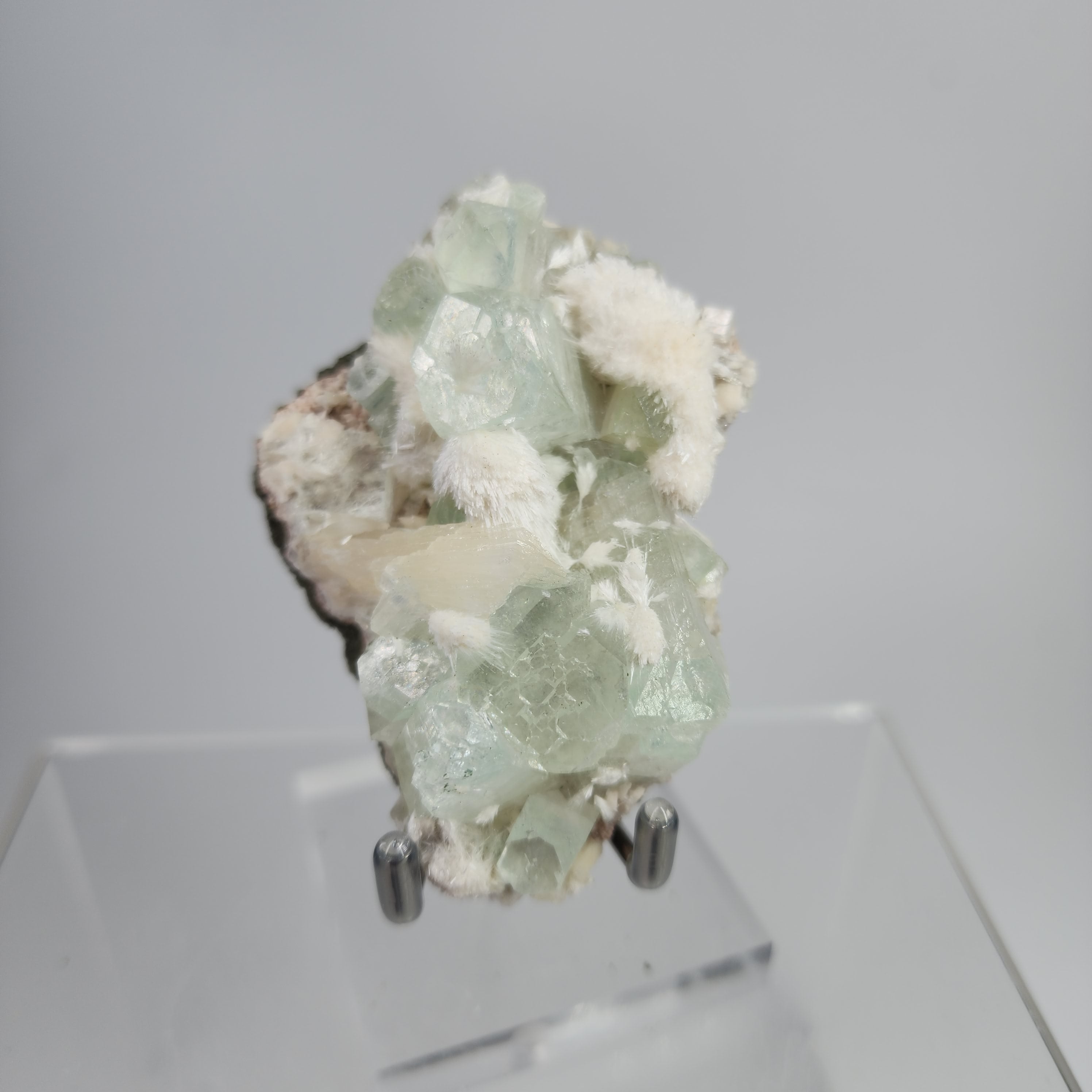 Okenite on Green Apophyllite Specimen #9 from Aurangabad, Maharashtra, India