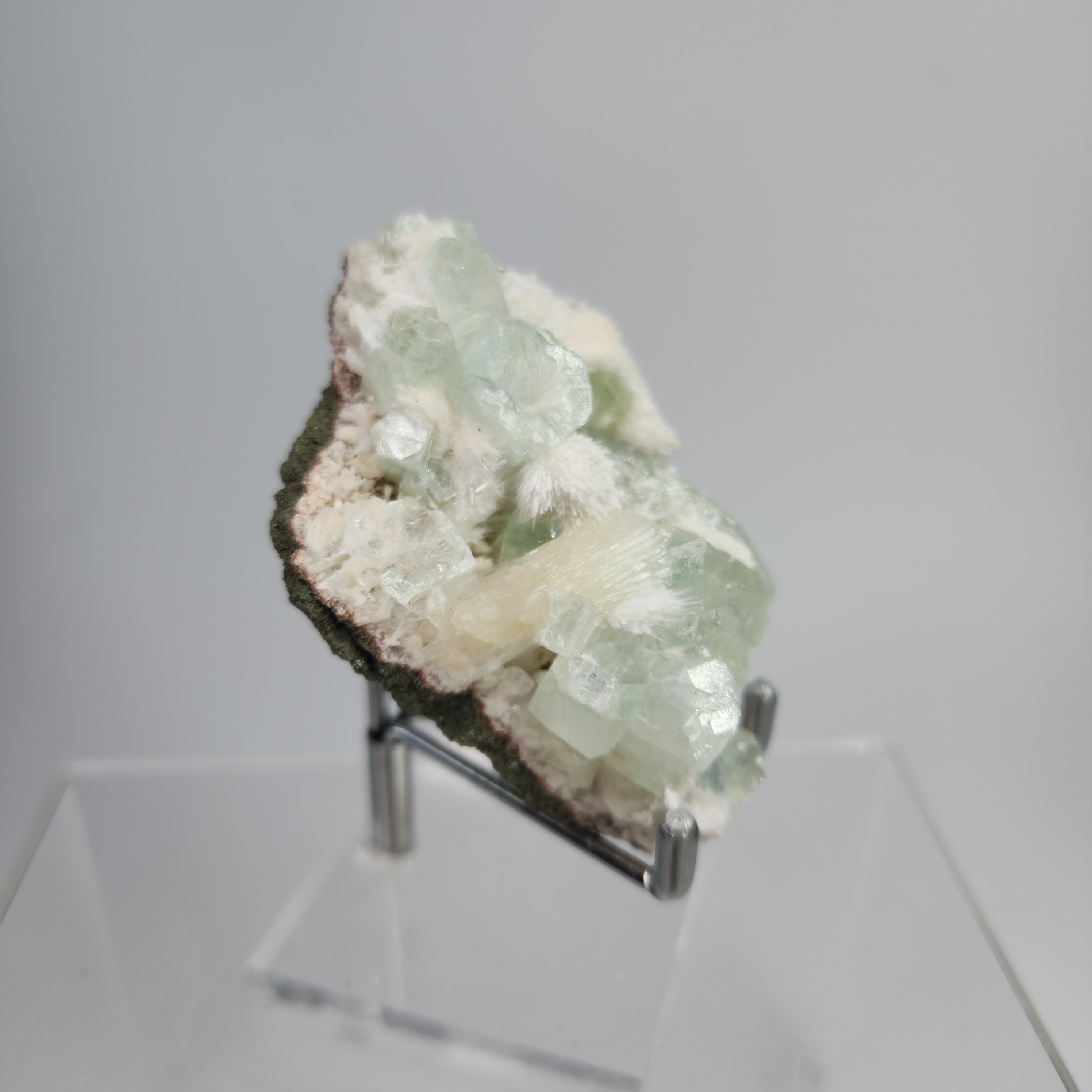 Okenite on Green Apophyllite Specimen #9 from Aurangabad, Maharashtra, India