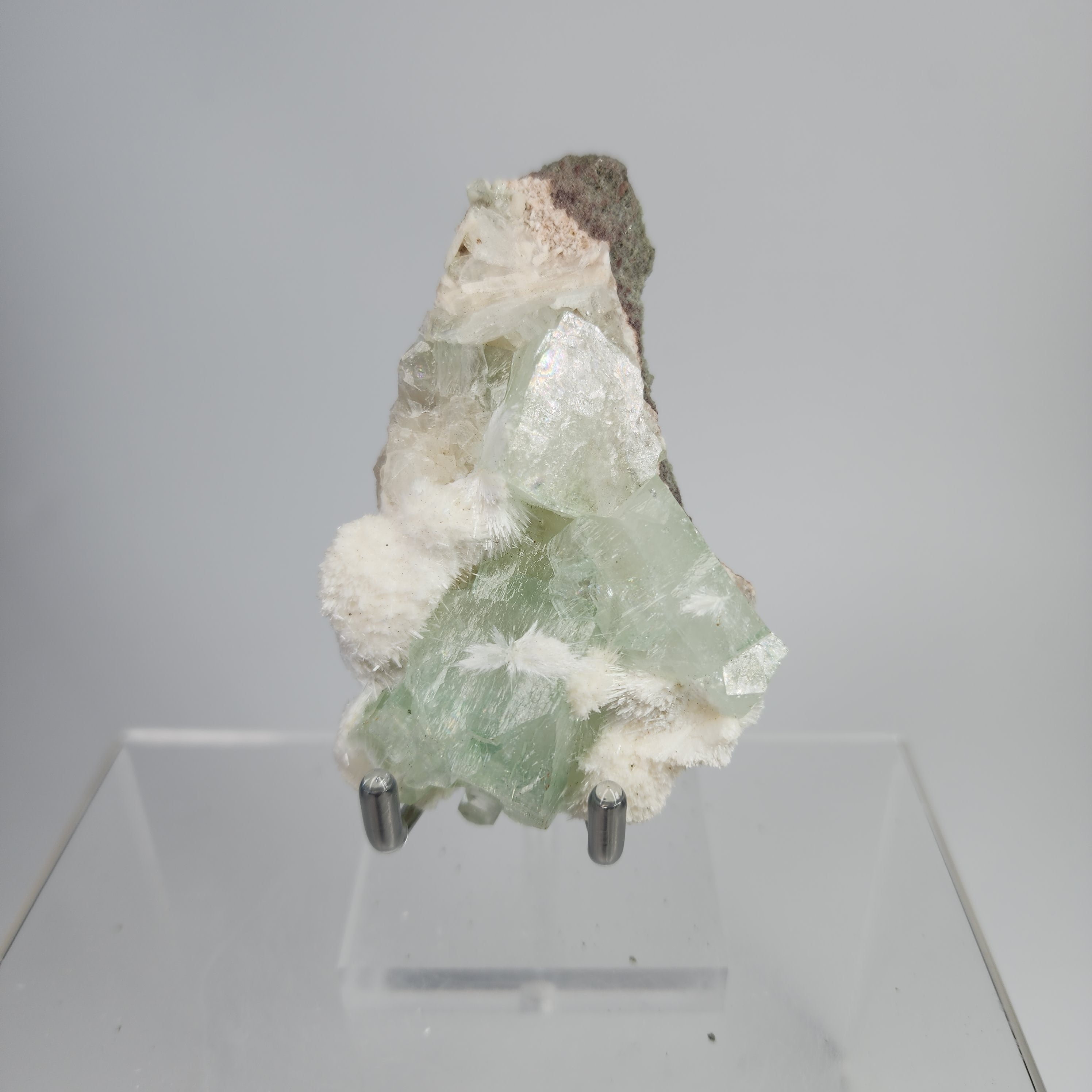 Okenite on Green Apophyllite Specimen #10 from Aurangabad, Maharashtra, India