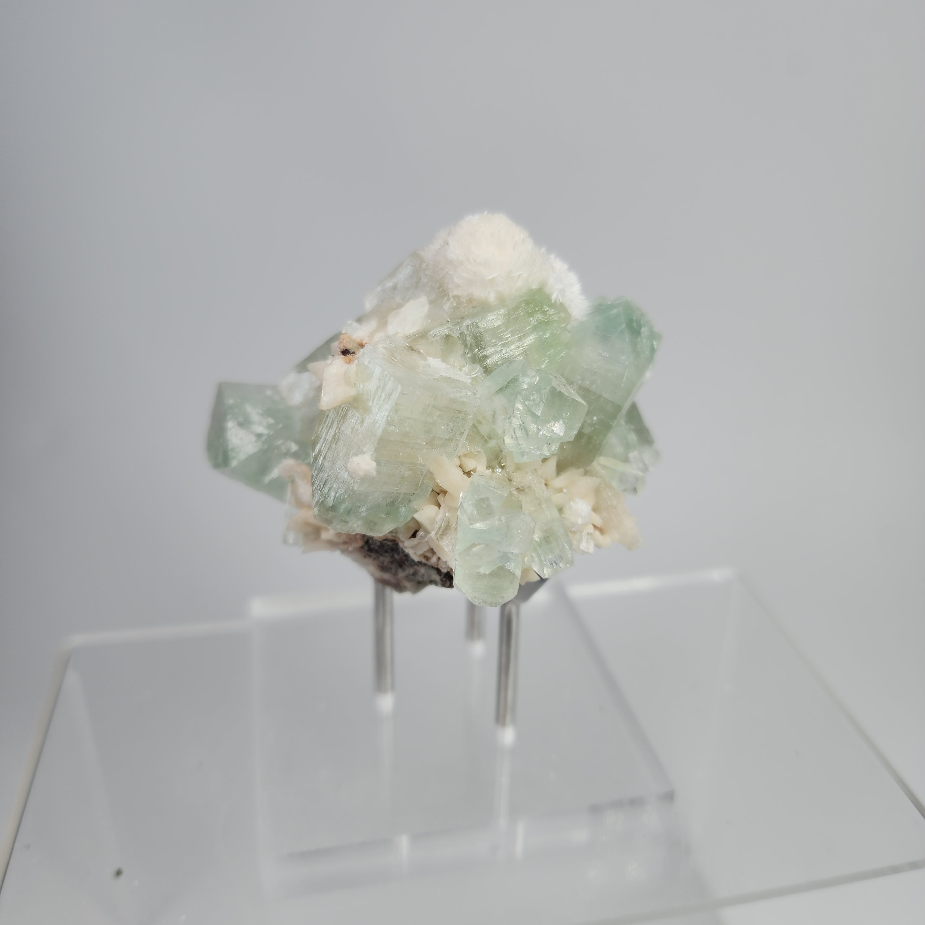 Okenite on Green Apophyllite Specimen #11 from Aurangabad, Maharashtra, India