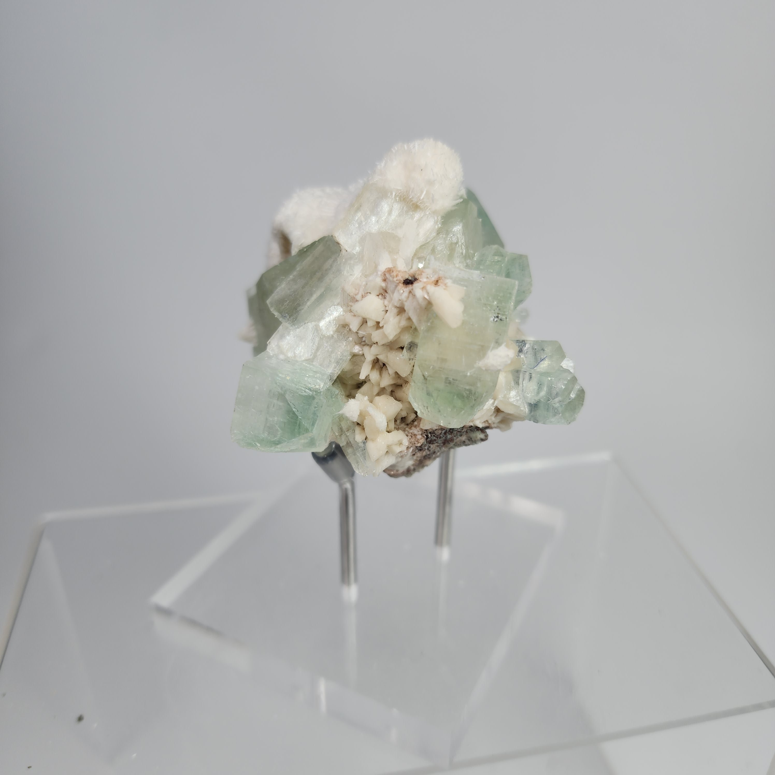 Okenite on Green Apophyllite Specimen #11 from Aurangabad, Maharashtra, India