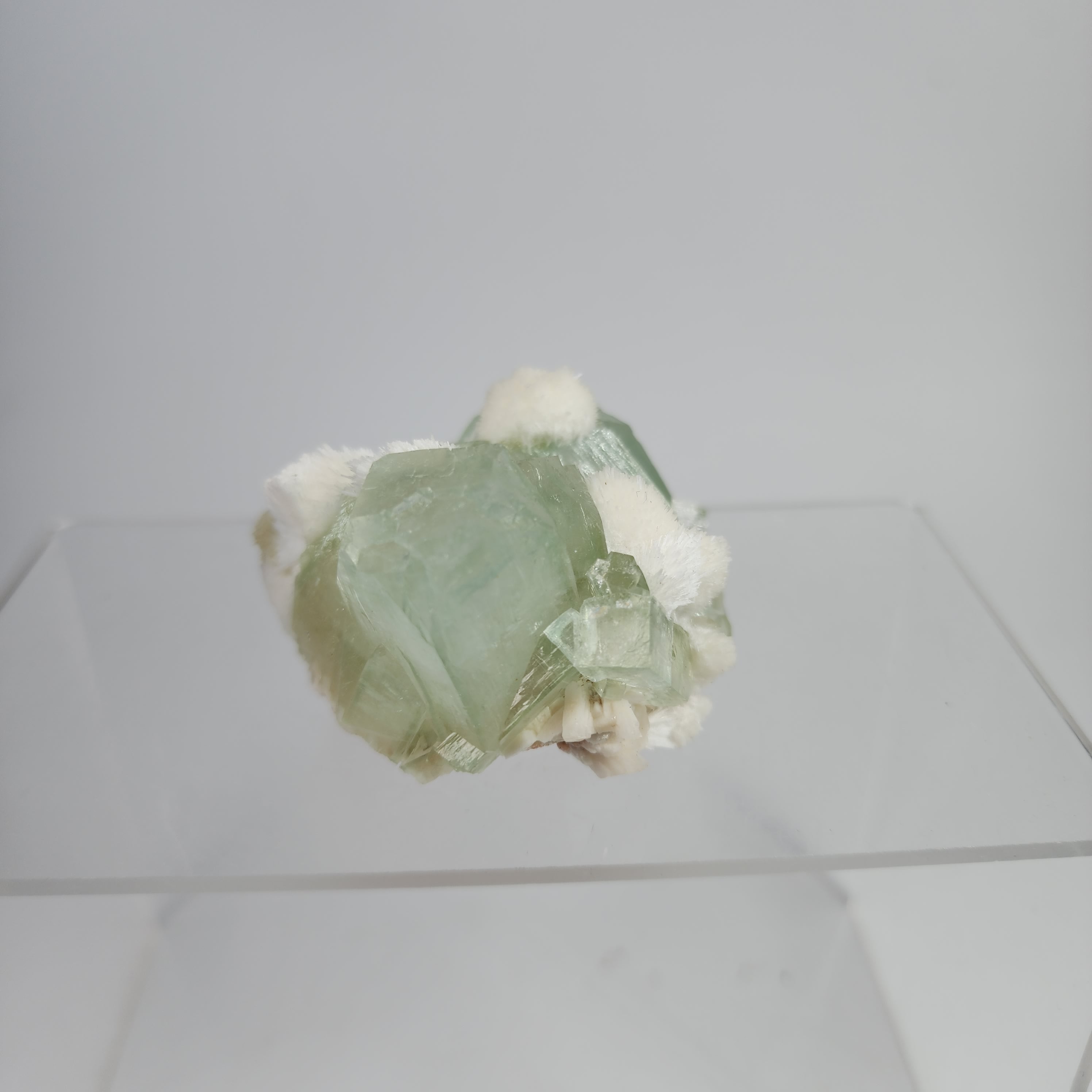 Okenite on Green Apophyllite Specimen #13 from Aurangabad, Maharashtra, India