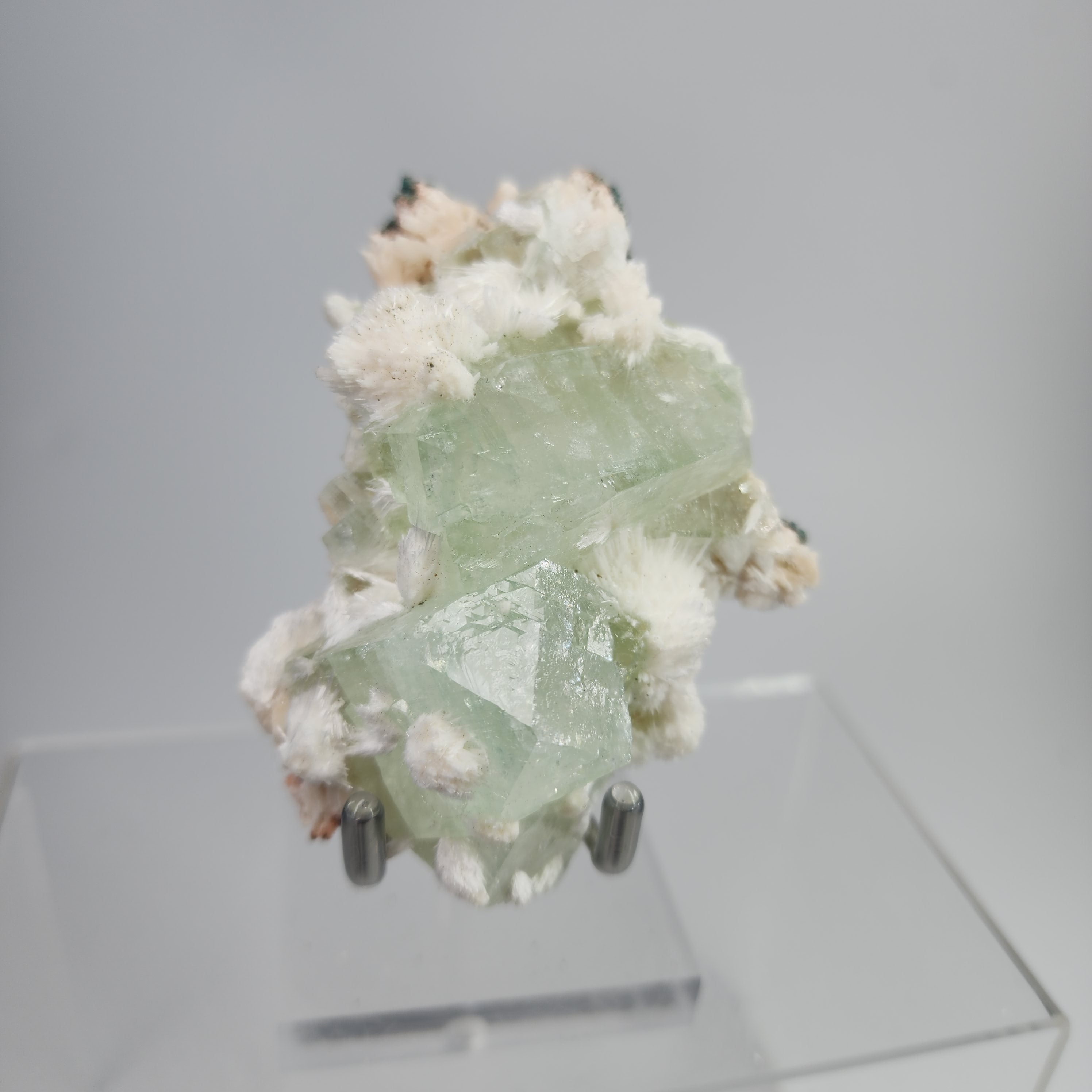 Okenite on Green Apophyllite Specimen #16 from Aurangabad, Maharashtra, India