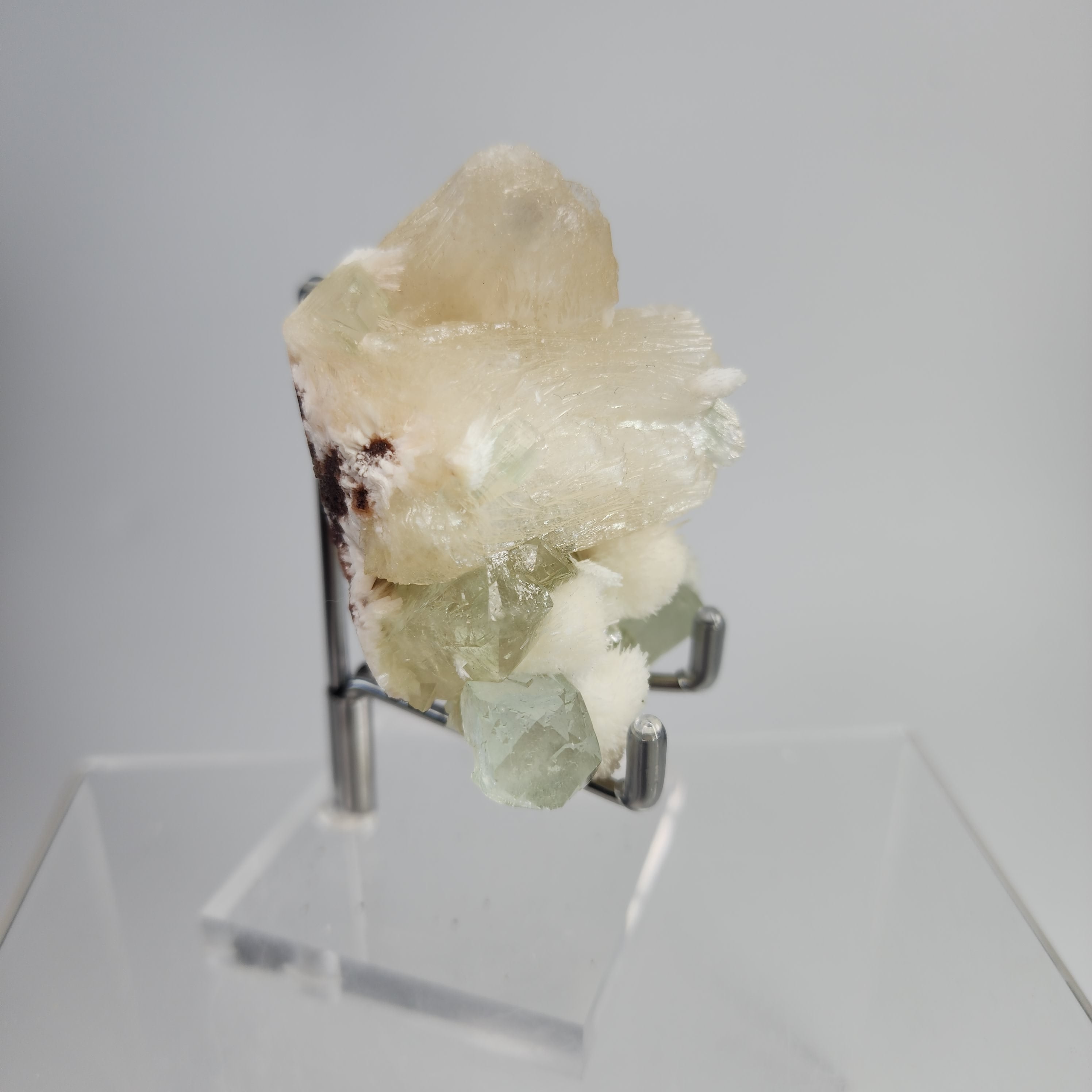 Okenite on Green Apophyllite Specimen #17 from Aurangabad, Maharashtra, India