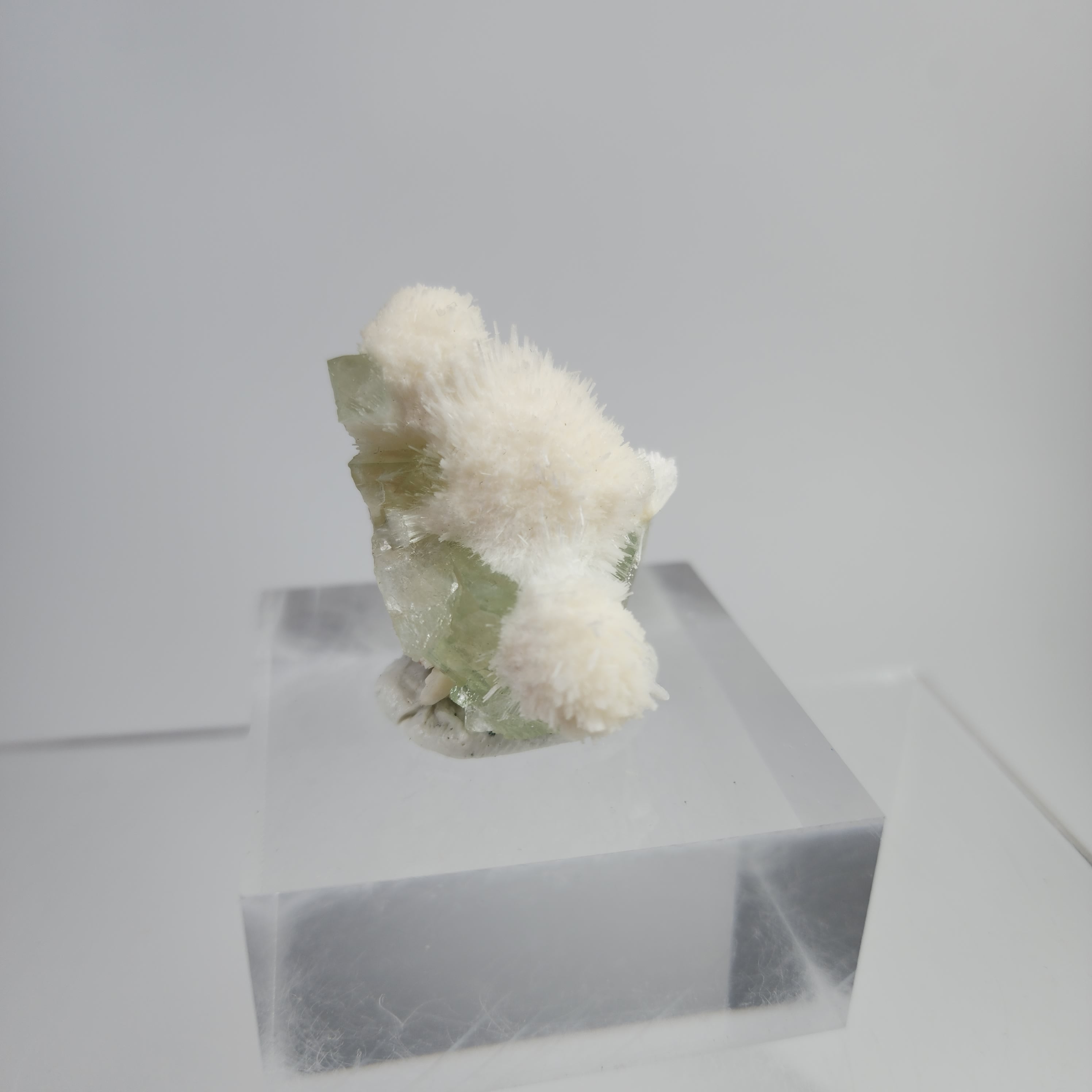 Okenite on Green Apophyllite Specimen #20 from Aurangabad, Maharashtra, India