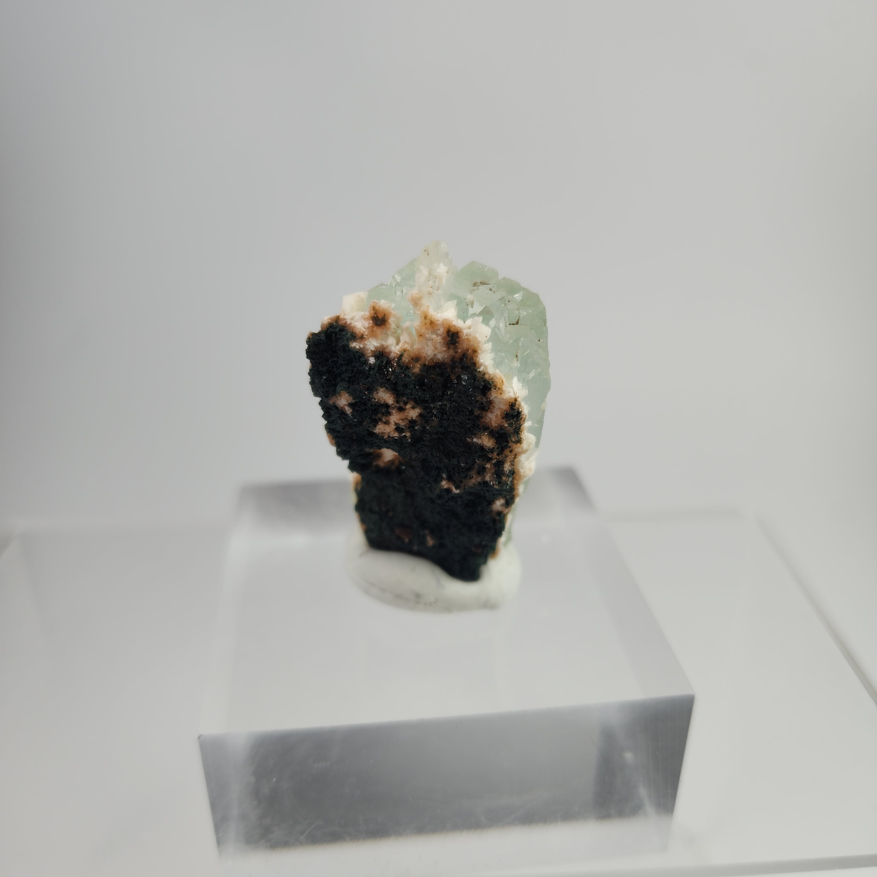 Okenite on Green Apophyllite Specimen #21 from Aurangabad, Maharashtra, India