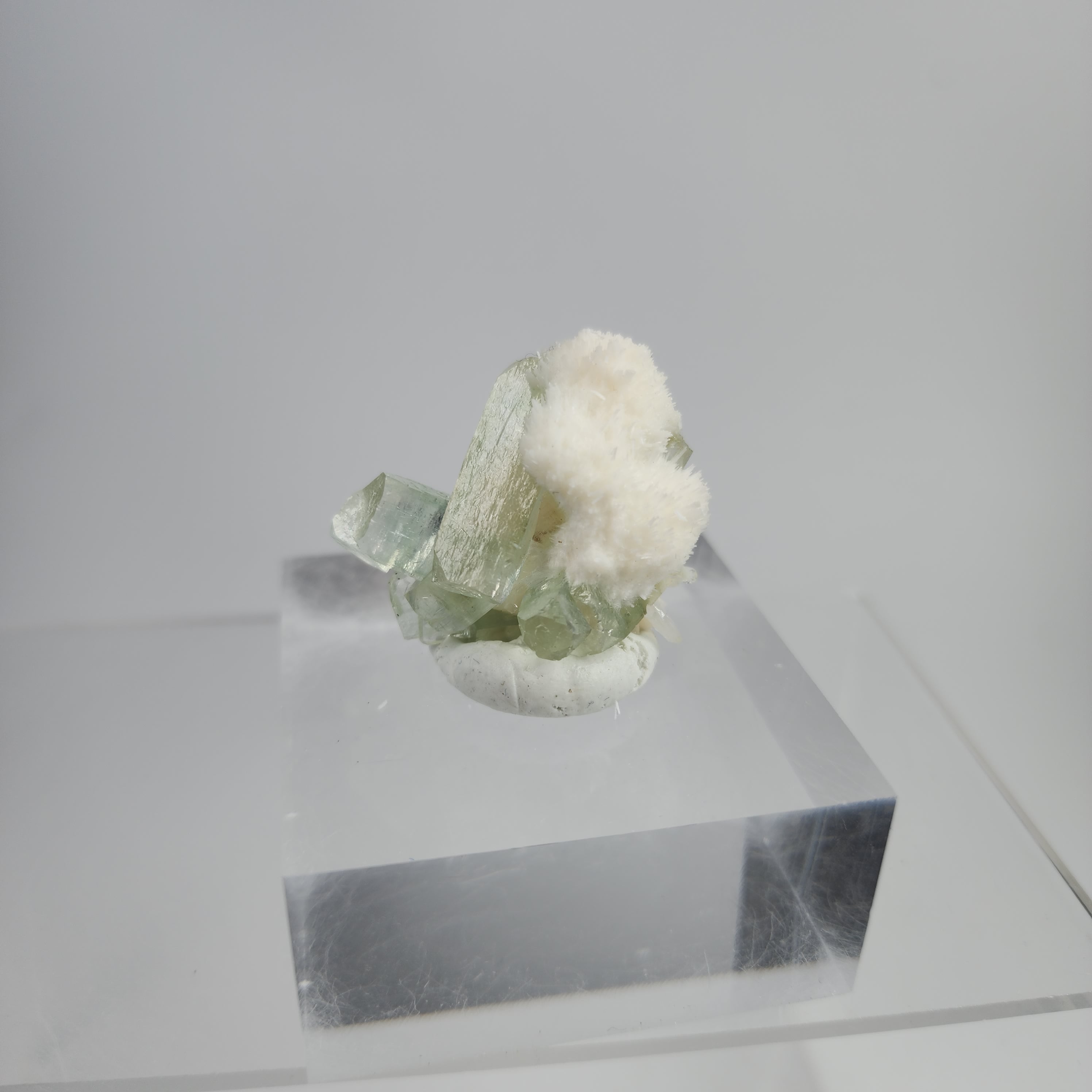 Okenite on Green Apophyllite Specimen #22 from Aurangabad, Maharashtra, India