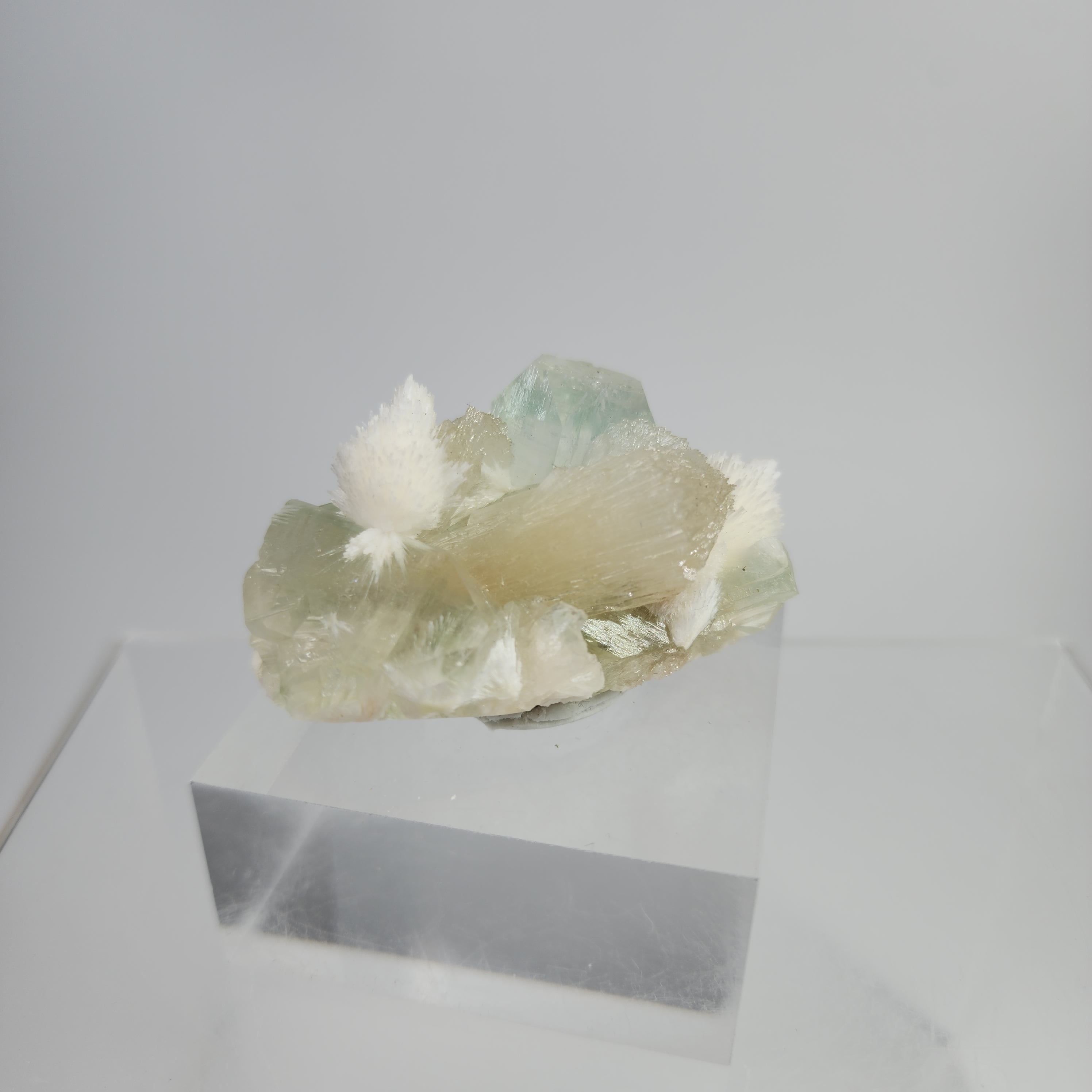 Okenite on Green Apophyllite Specimen #26 from Aurangabad, Maharashtra, India