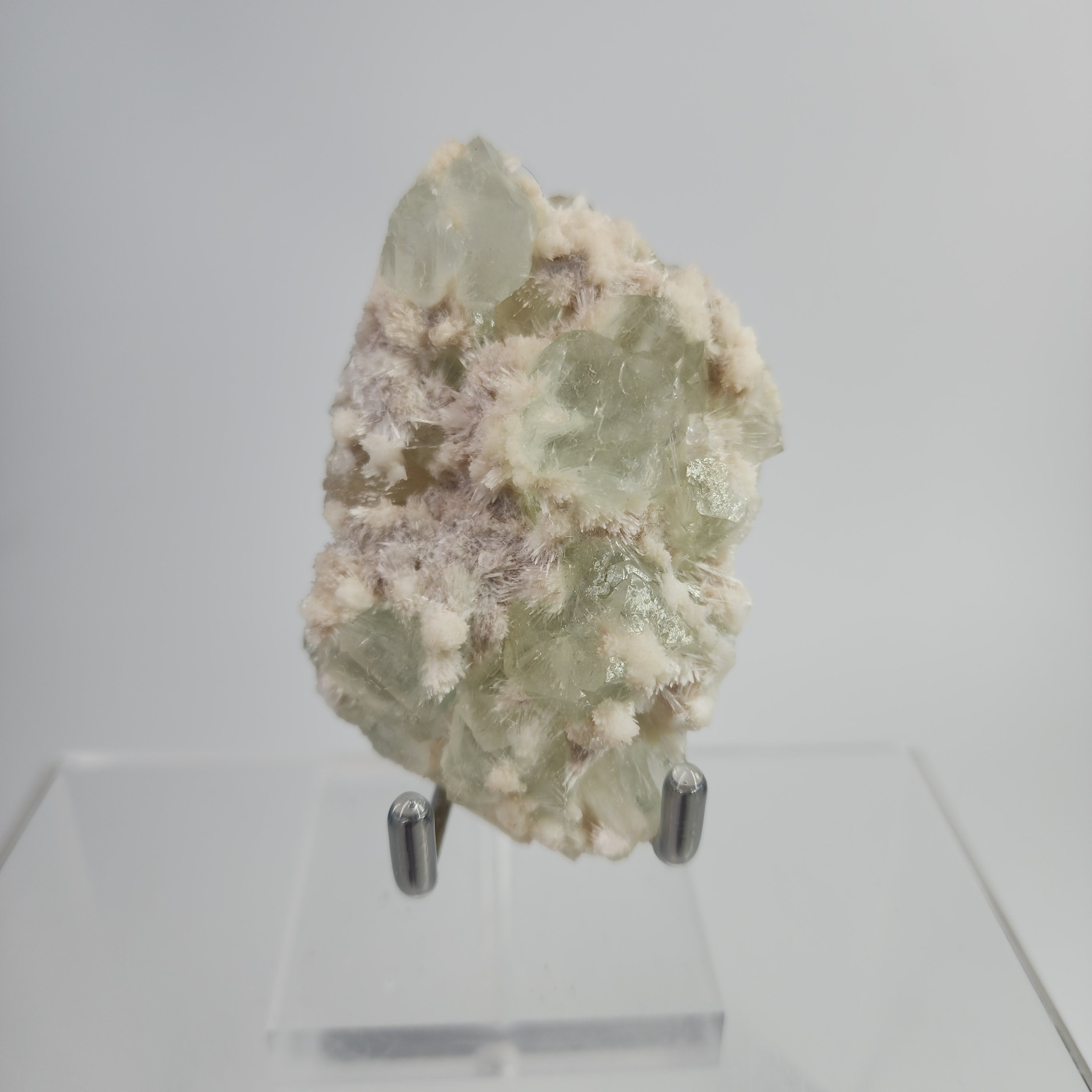 Okenite on Green Apophyllite Specimen #33 from Aurangabad, Maharashtra, India