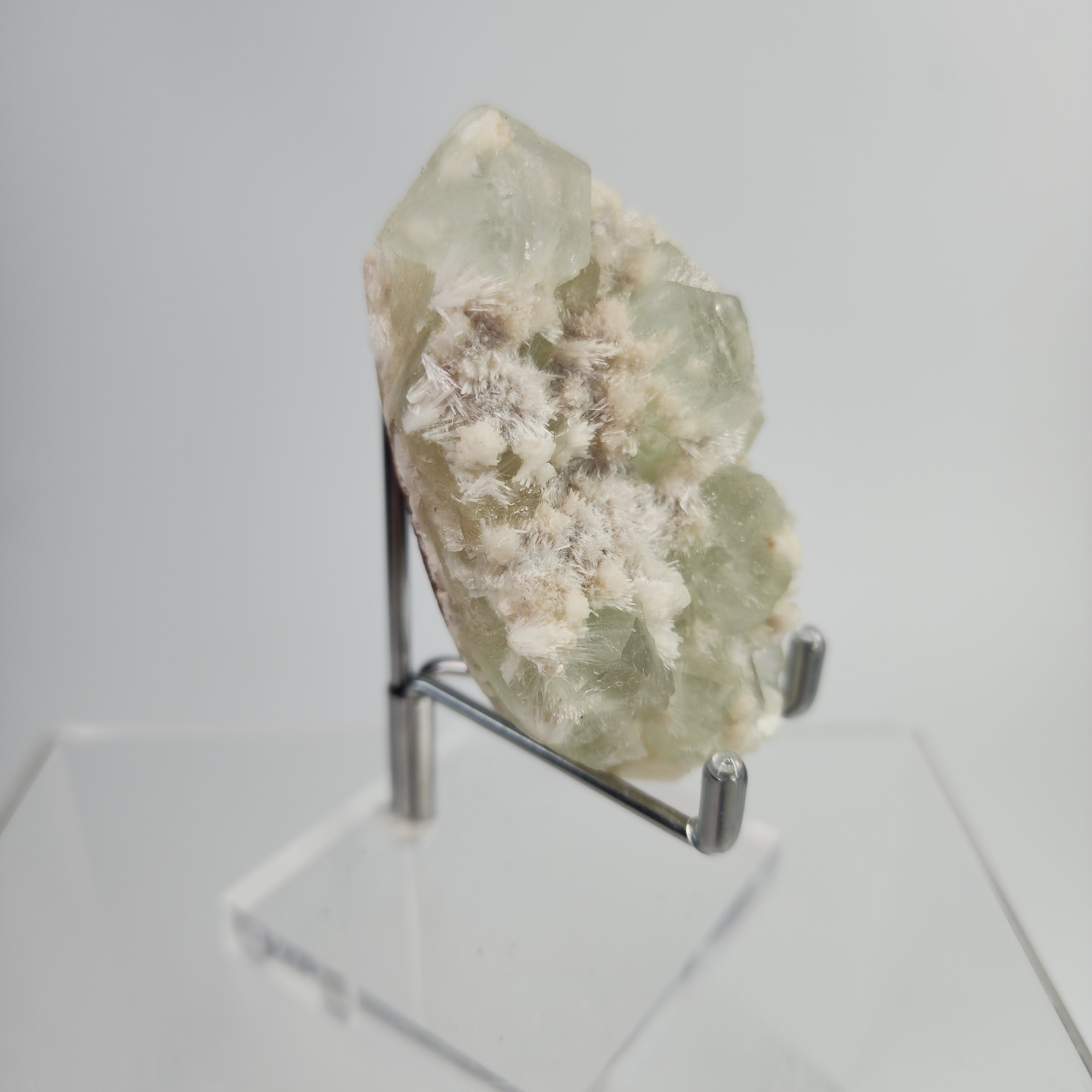 Okenite on Green Apophyllite Specimen #33 from Aurangabad, Maharashtra, India