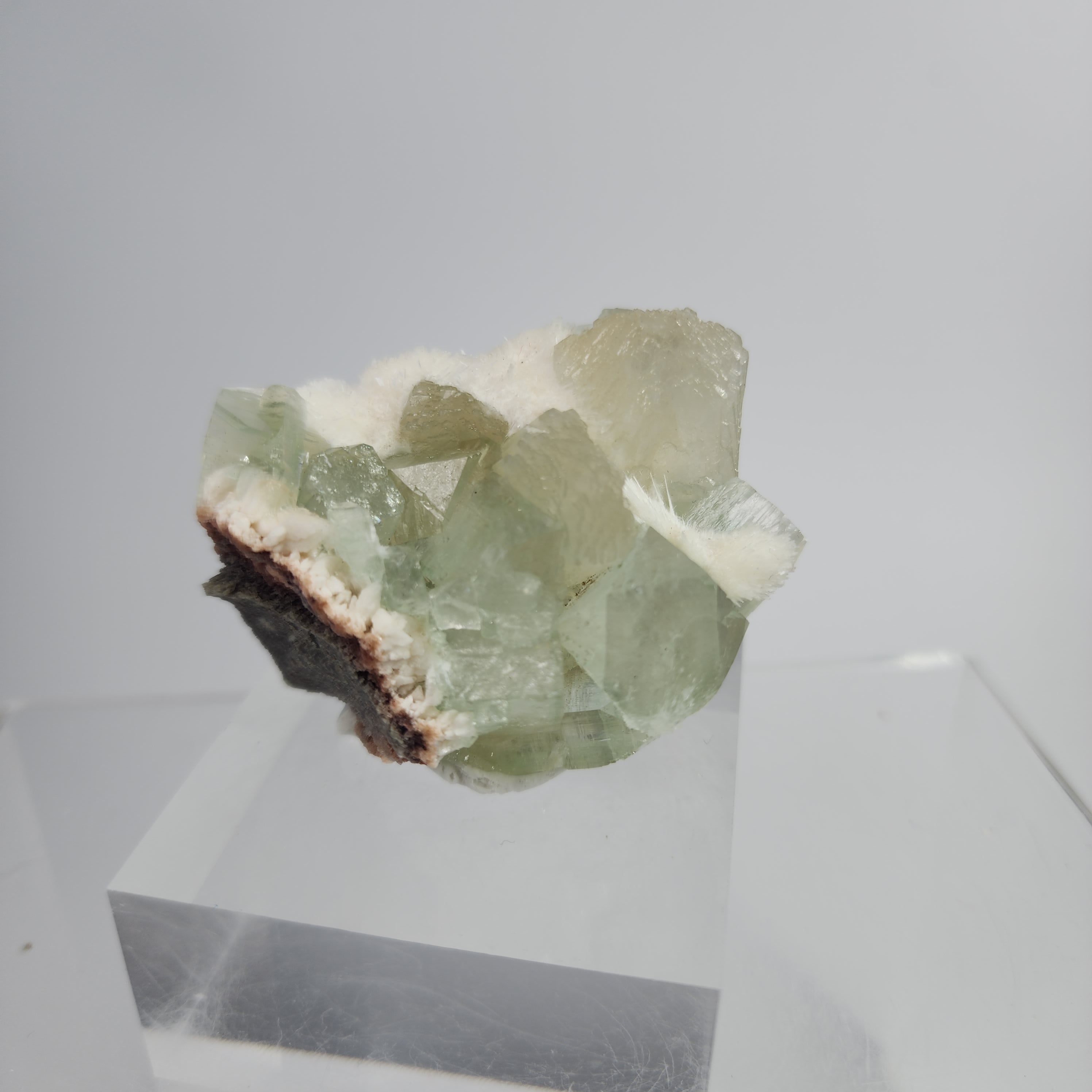 Okenite on Green Apophyllite Specimen #45 from Aurangabad, Maharashtra, India