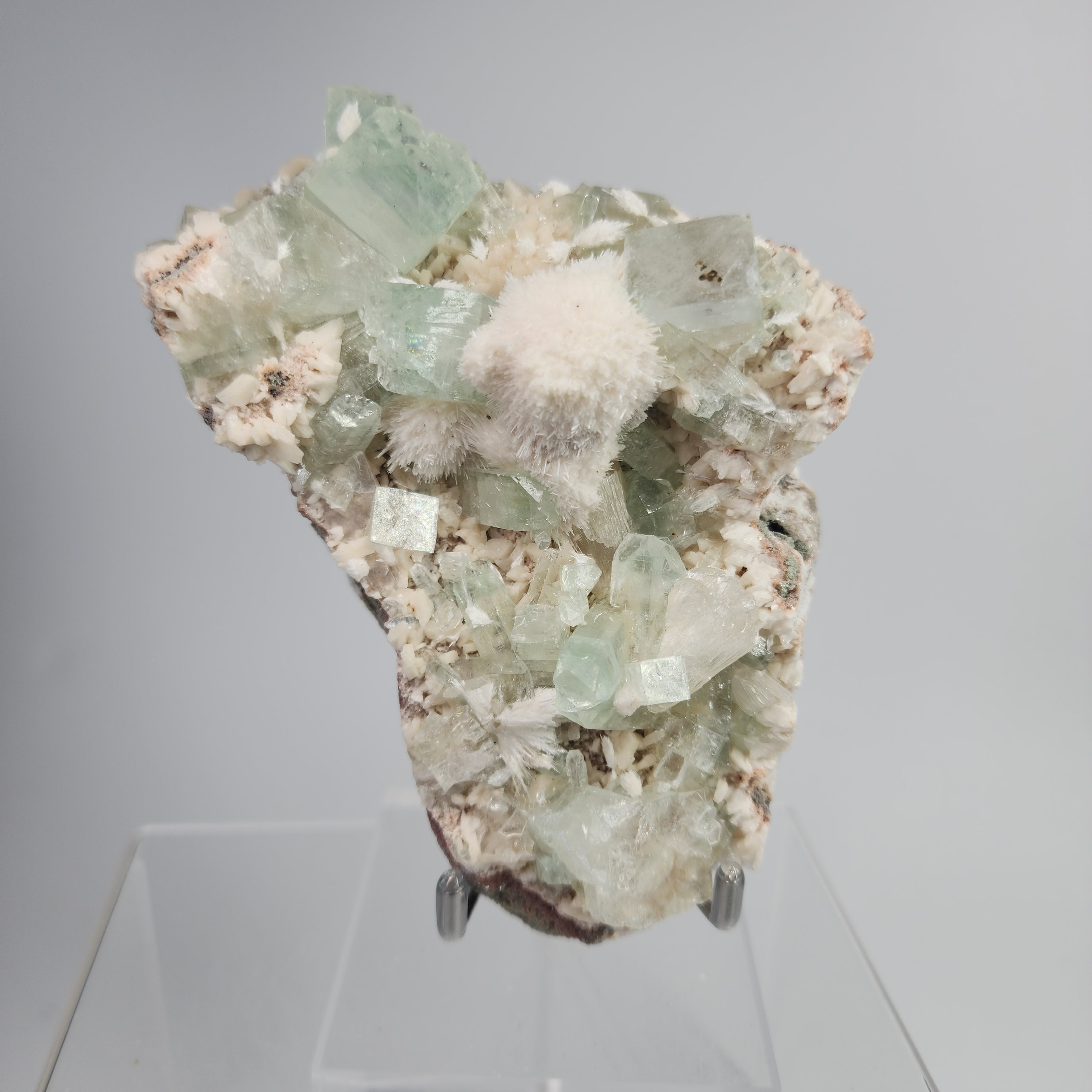 Okenite on Green Apophyllite Specimen #51 from Aurangabad, Maharashtra, India