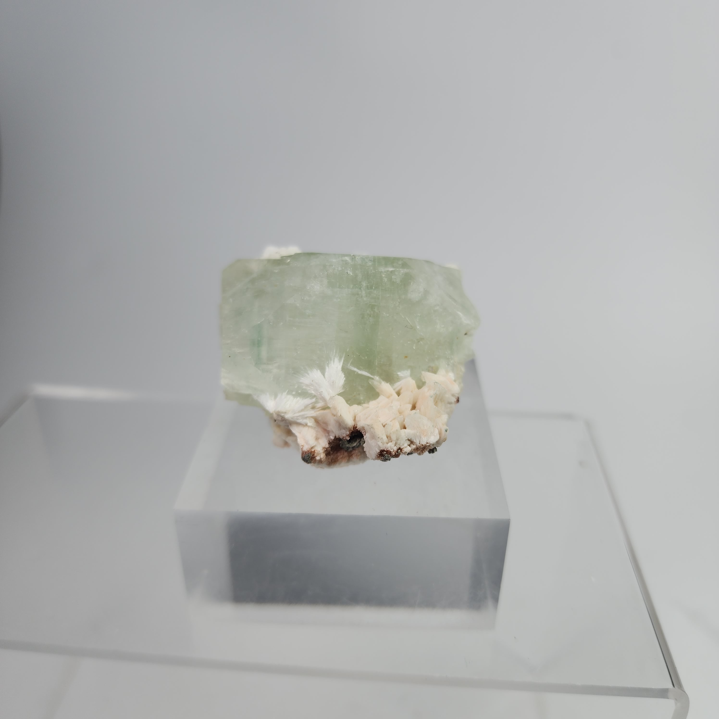 Okenite on Green Apophyllite Specimen #52 from Aurangabad, Maharashtra, India