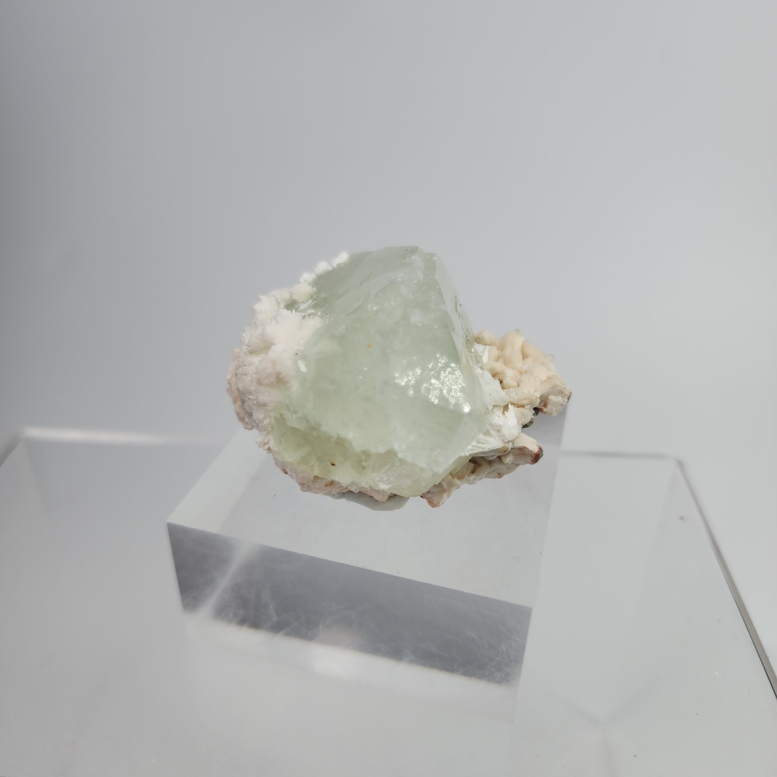 Okenite on Green Apophyllite Specimen #52 from Aurangabad, Maharashtra, India