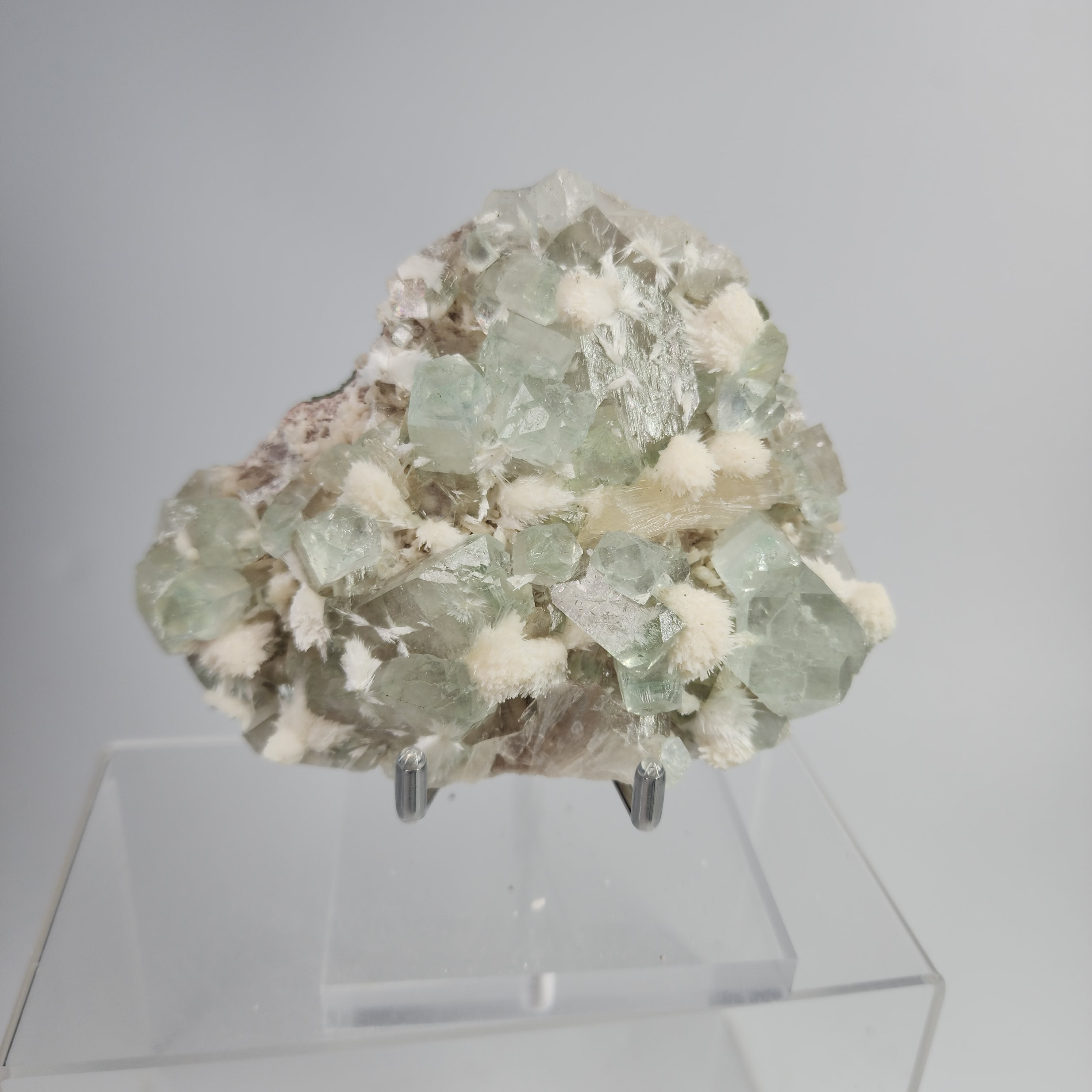 Okenite on Green Apophyllite Specimen #56 from Aurangabad, Maharashtra, India