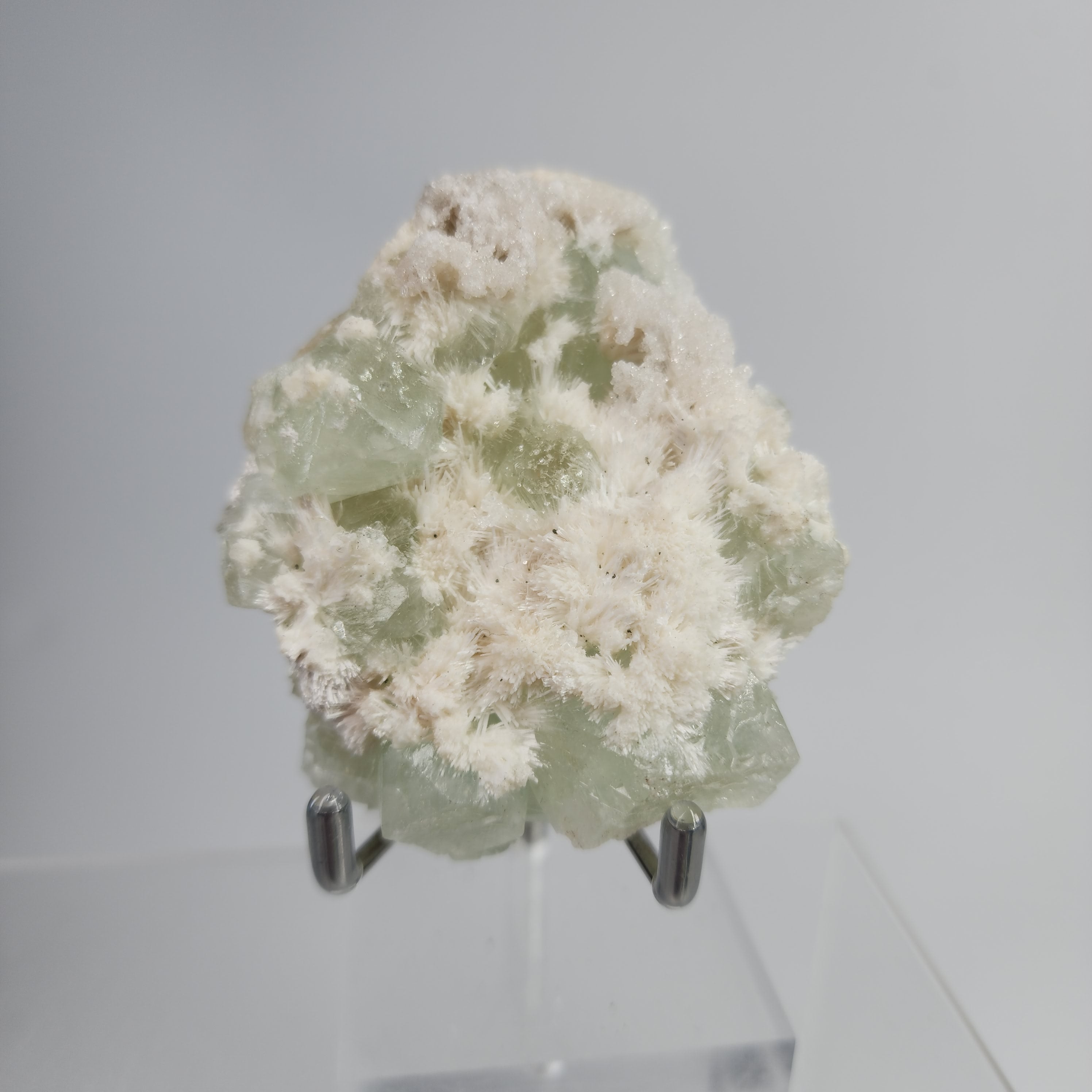 Okenite on Green Apophyllite Specimen #57 from Aurangabad, Maharashtra, India