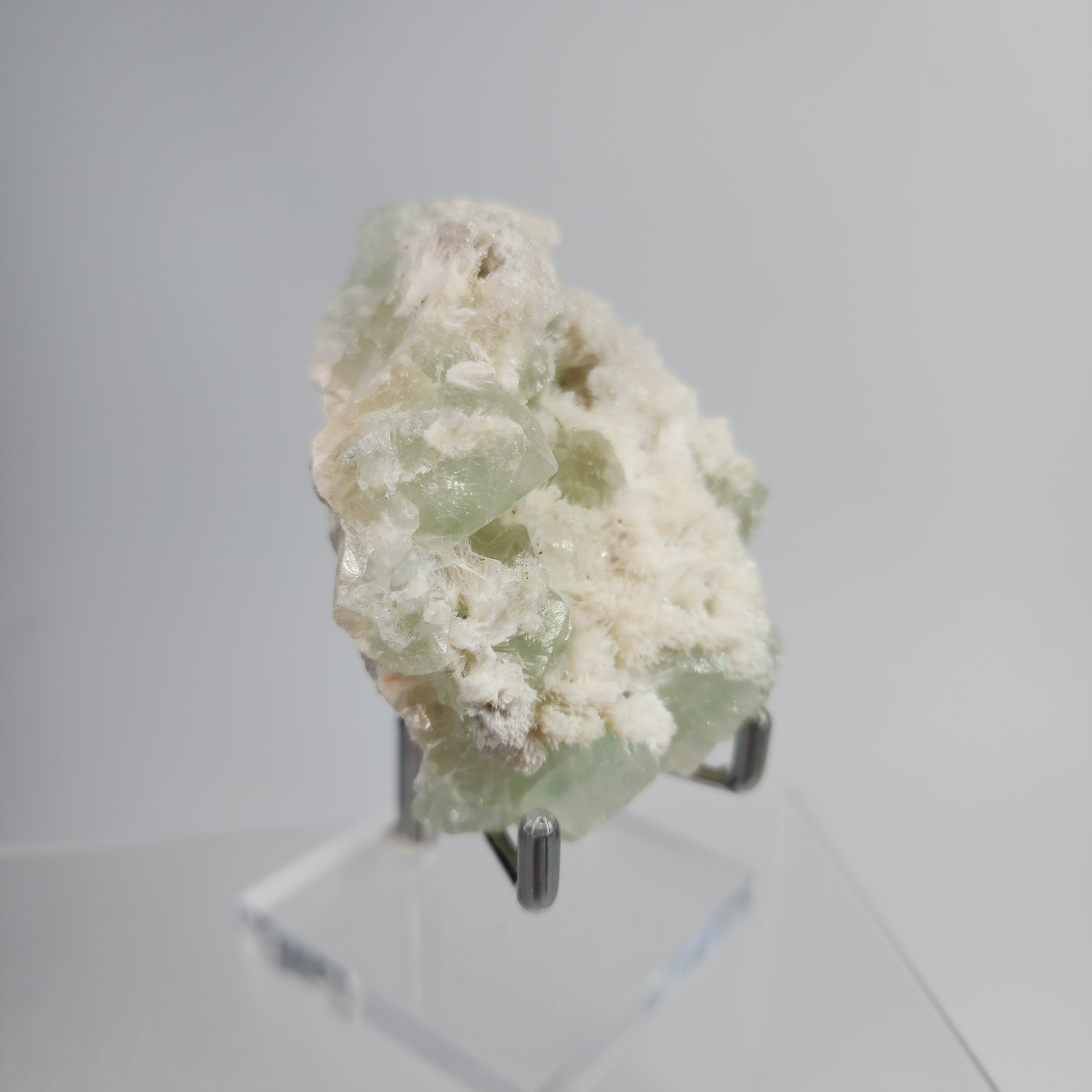 Okenite on Green Apophyllite Specimen #57 from Aurangabad, Maharashtra, India