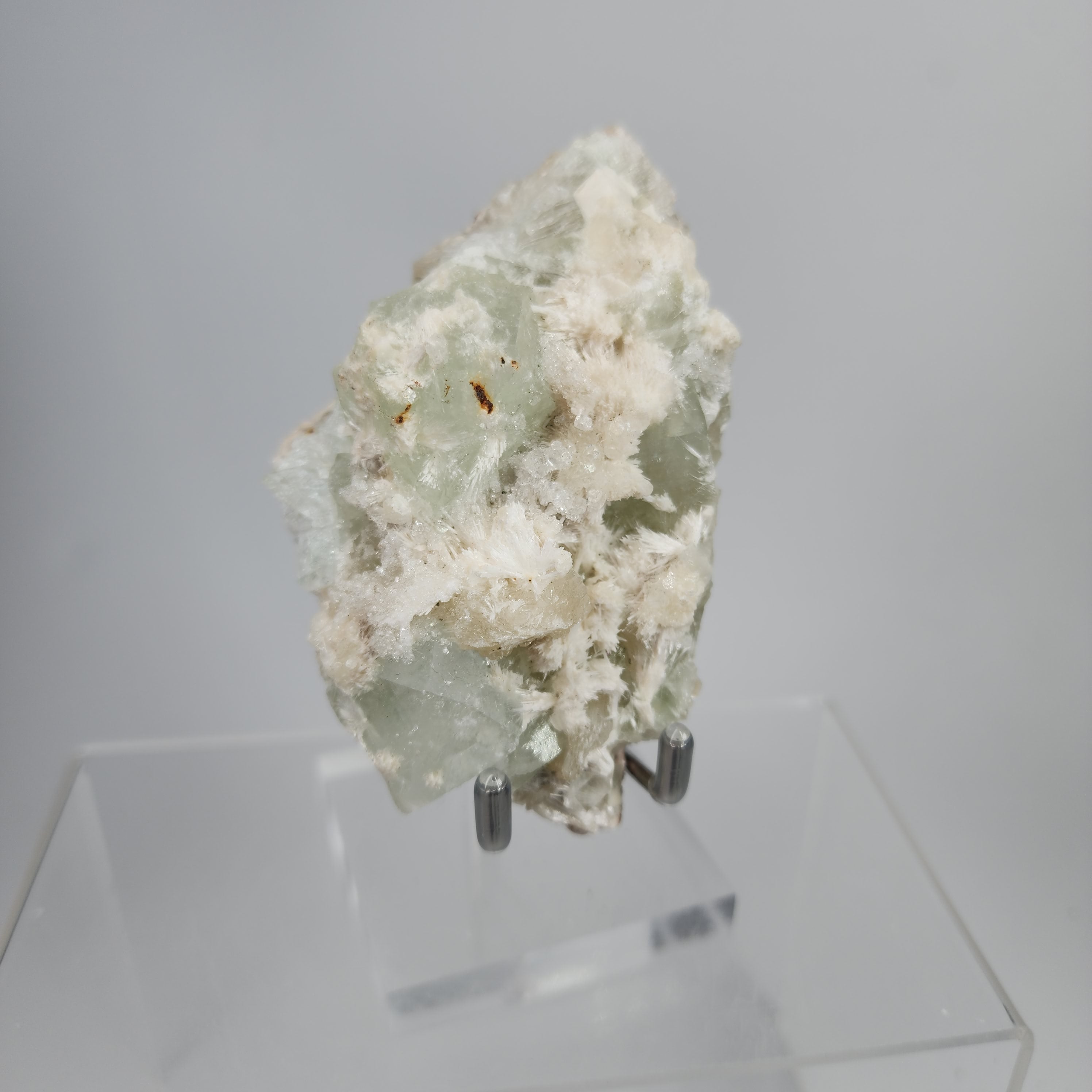 Okenite on Green Apophyllite Specimen #61 from Aurangabad, Maharashtra, India