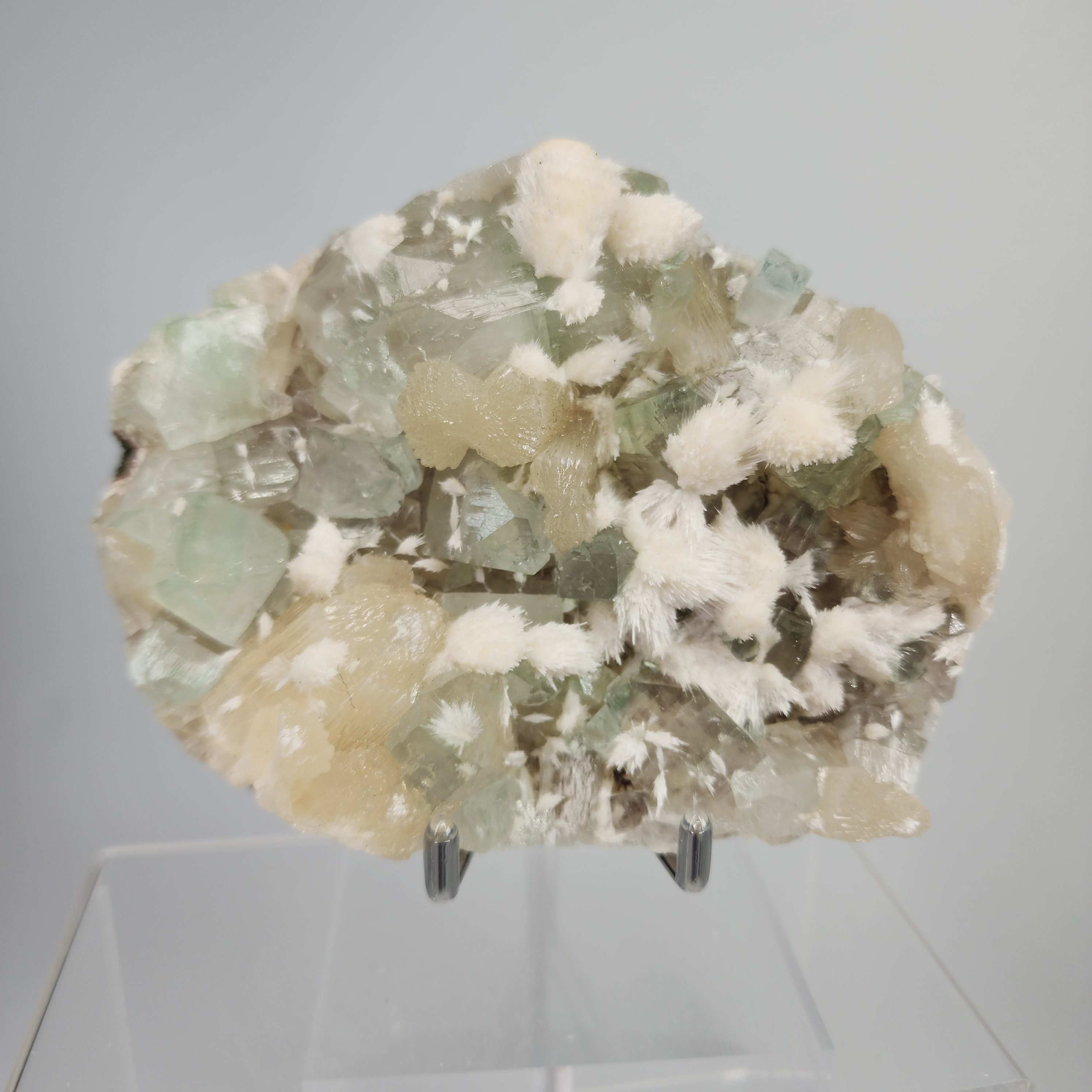 Okenite on Green Apophyllite Specimen #63 from Aurangabad, Maharashtra, India