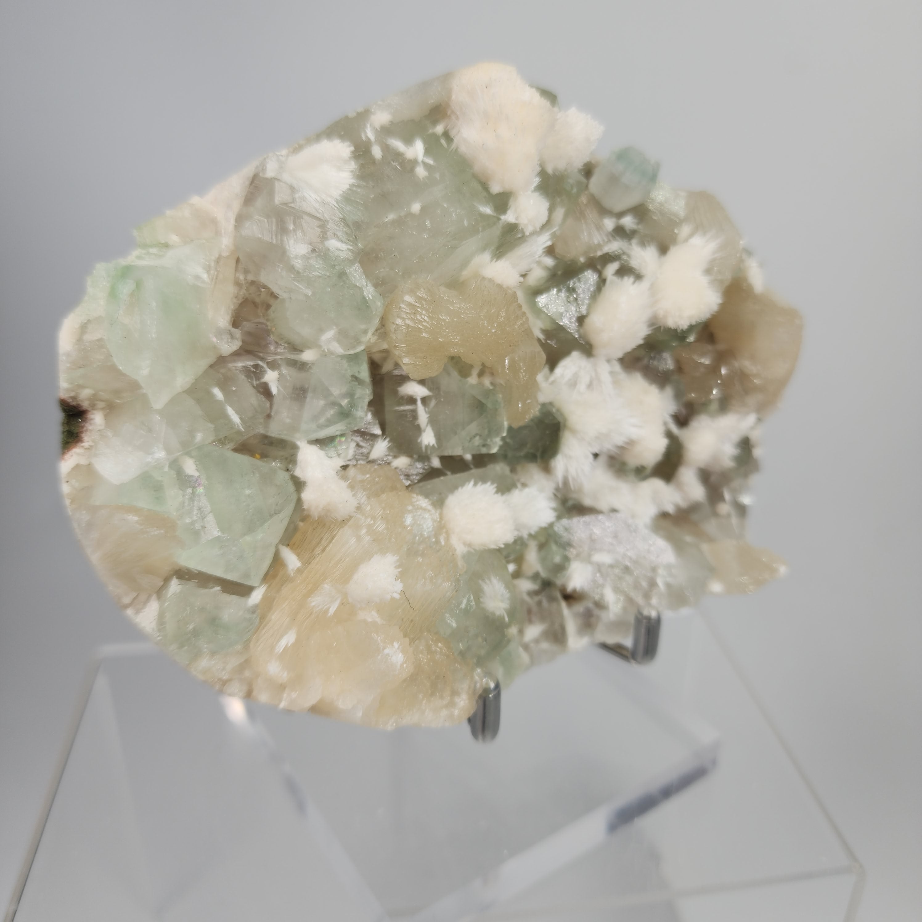 Okenite on Green Apophyllite Specimen #63 from Aurangabad, Maharashtra, India