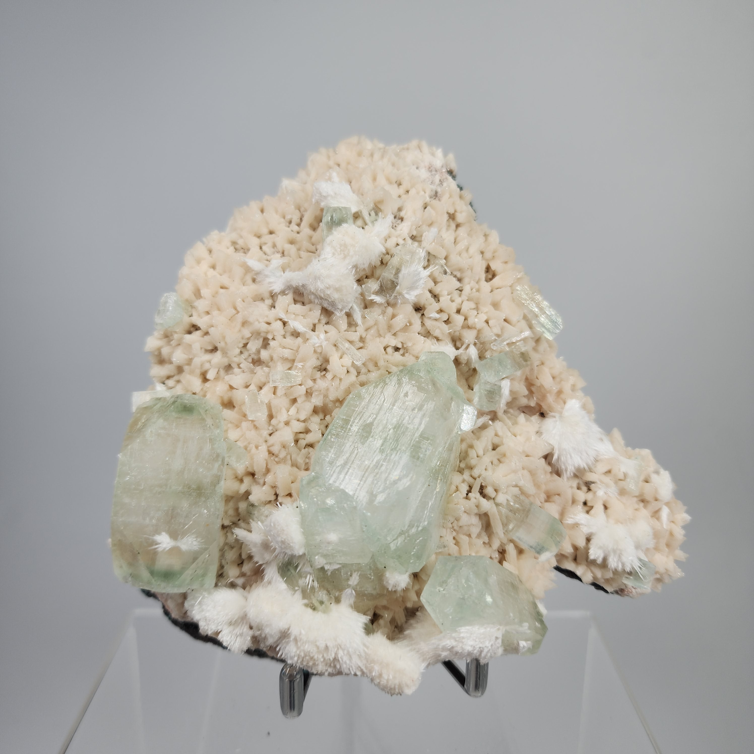 Okenite on Green Apophyllite Specimen #64 from Aurangabad, Maharashtra, India