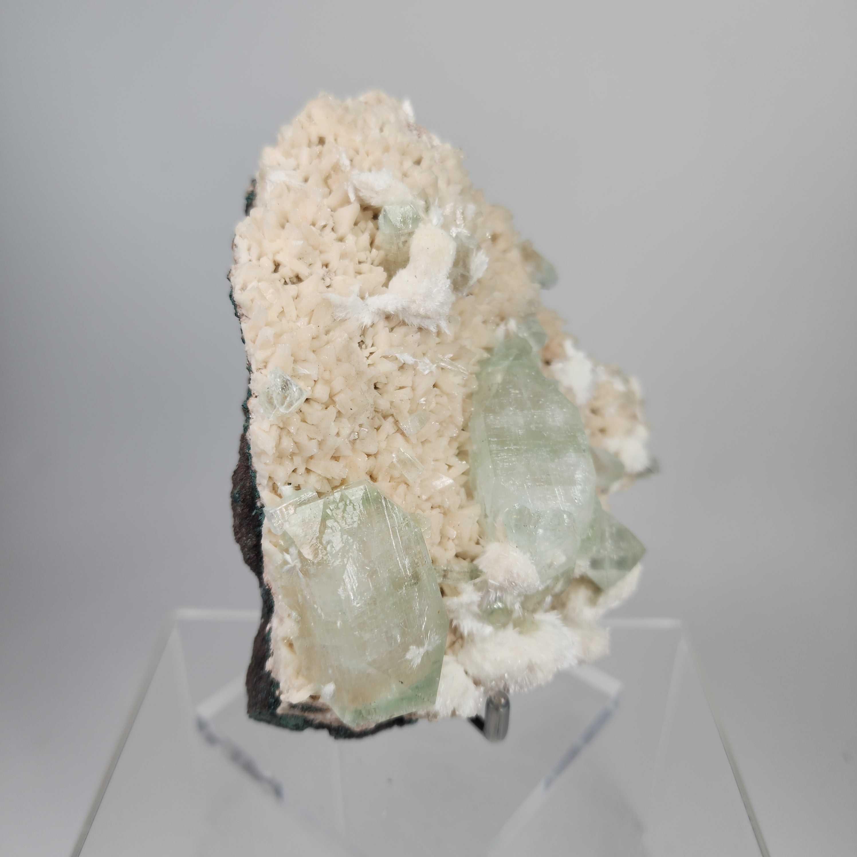 Okenite on Green Apophyllite Specimen #64 from Aurangabad, Maharashtra, India