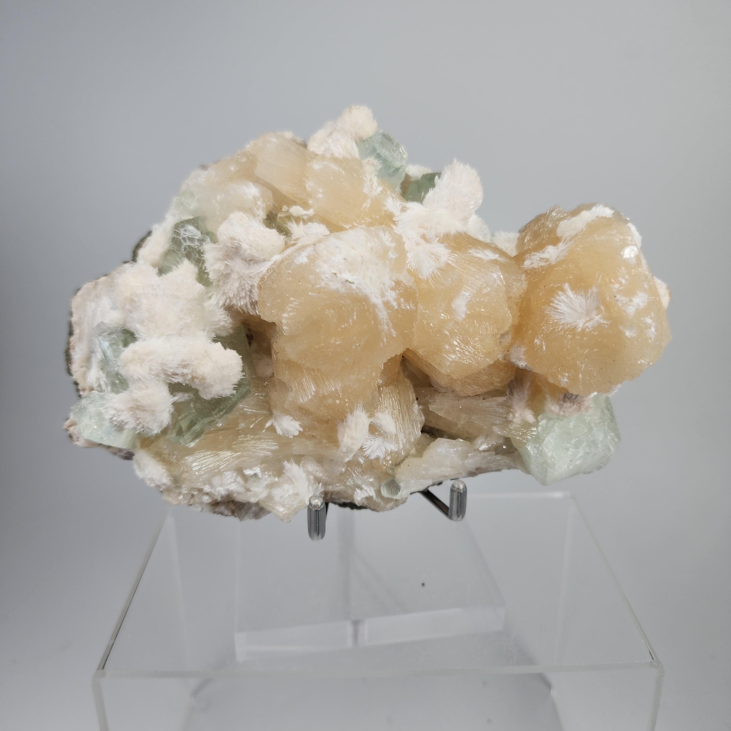 Okenite on Green Apophyllite Specimen #65 from Aurangabad, Maharashtra, India