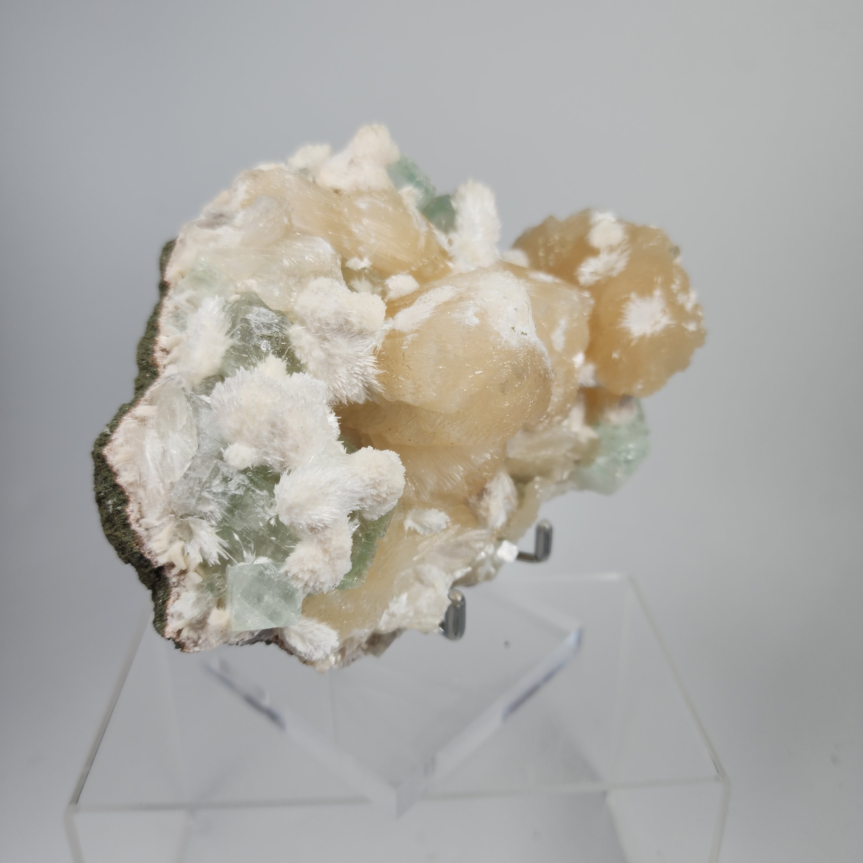 Okenite on Green Apophyllite Specimen #65 from Aurangabad, Maharashtra, India