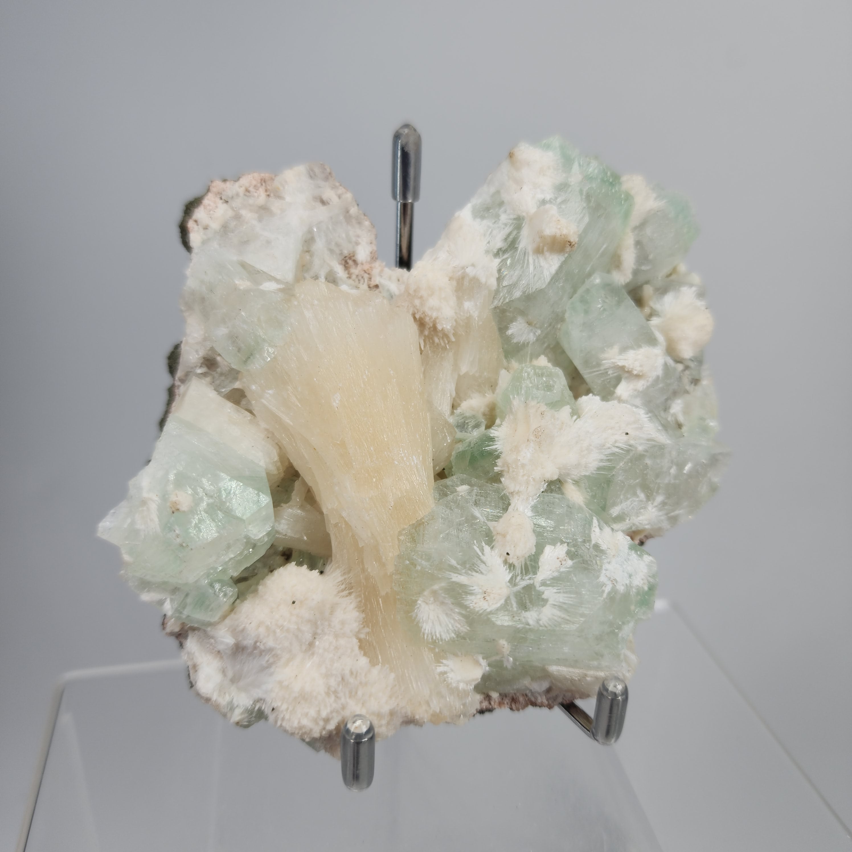 Okenite on Green Apophyllite Specimen #66 from Aurangabad, Maharashtra, India