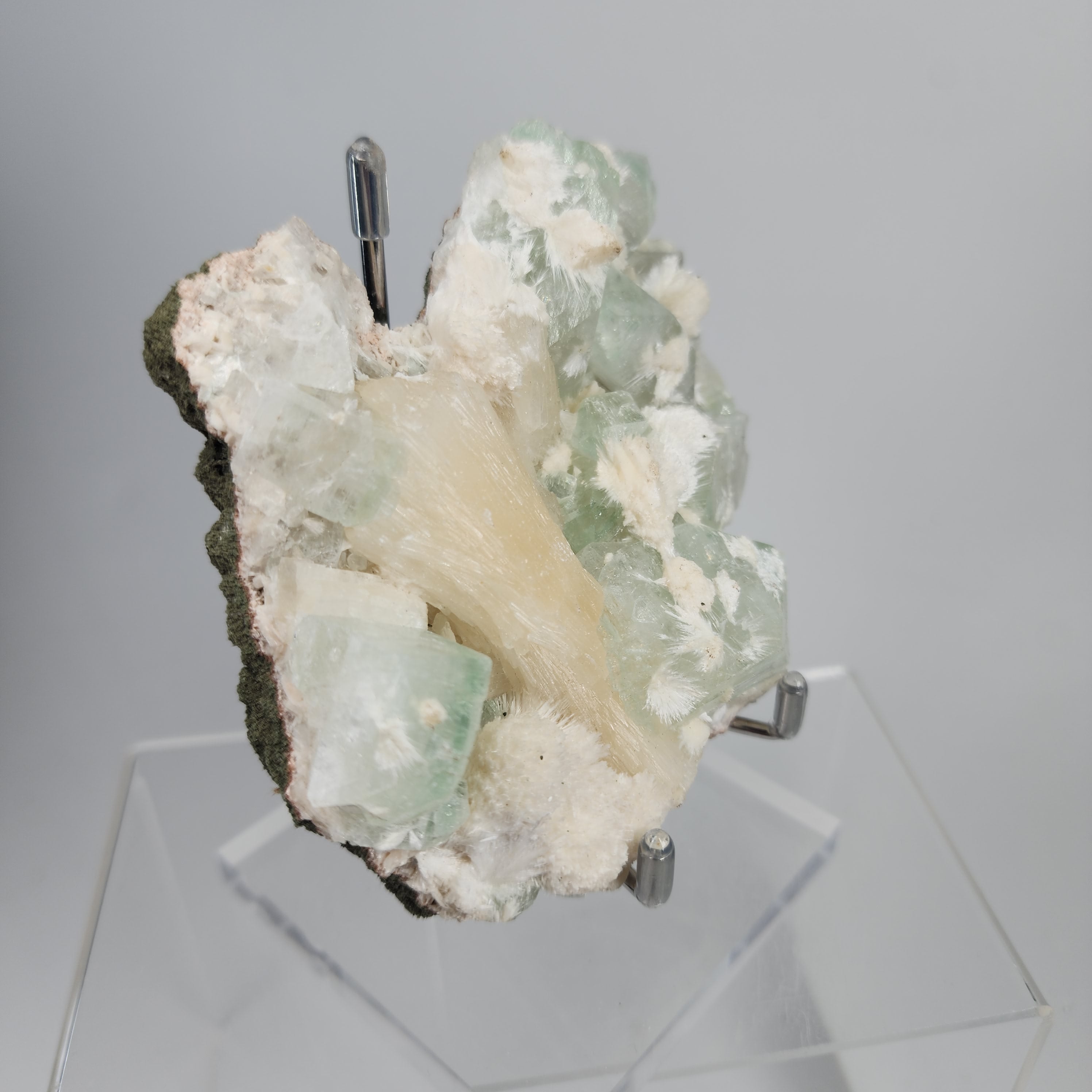 Okenite on Green Apophyllite Specimen #66 from Aurangabad, Maharashtra, India