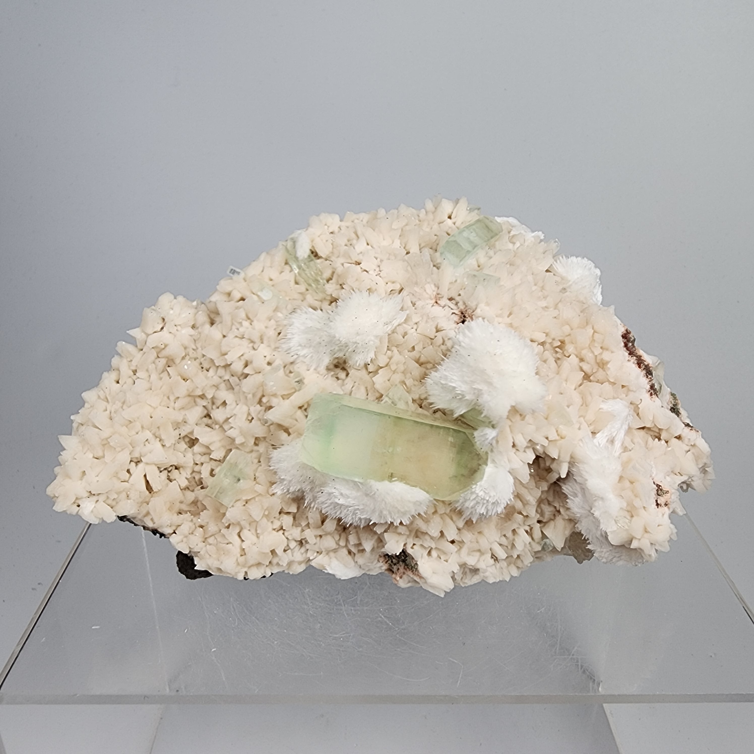 Okenite on Green Apophyllite Specimen #70 from Aurangabad, Maharashtra, India