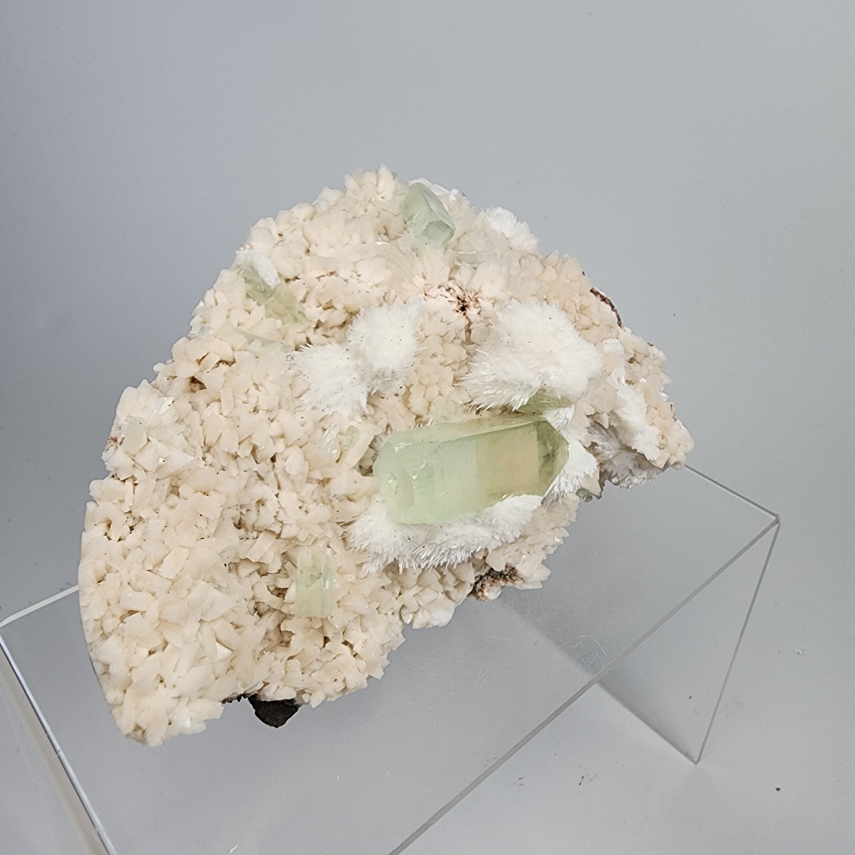 Okenite on Green Apophyllite Specimen #70 from Aurangabad, Maharashtra, India