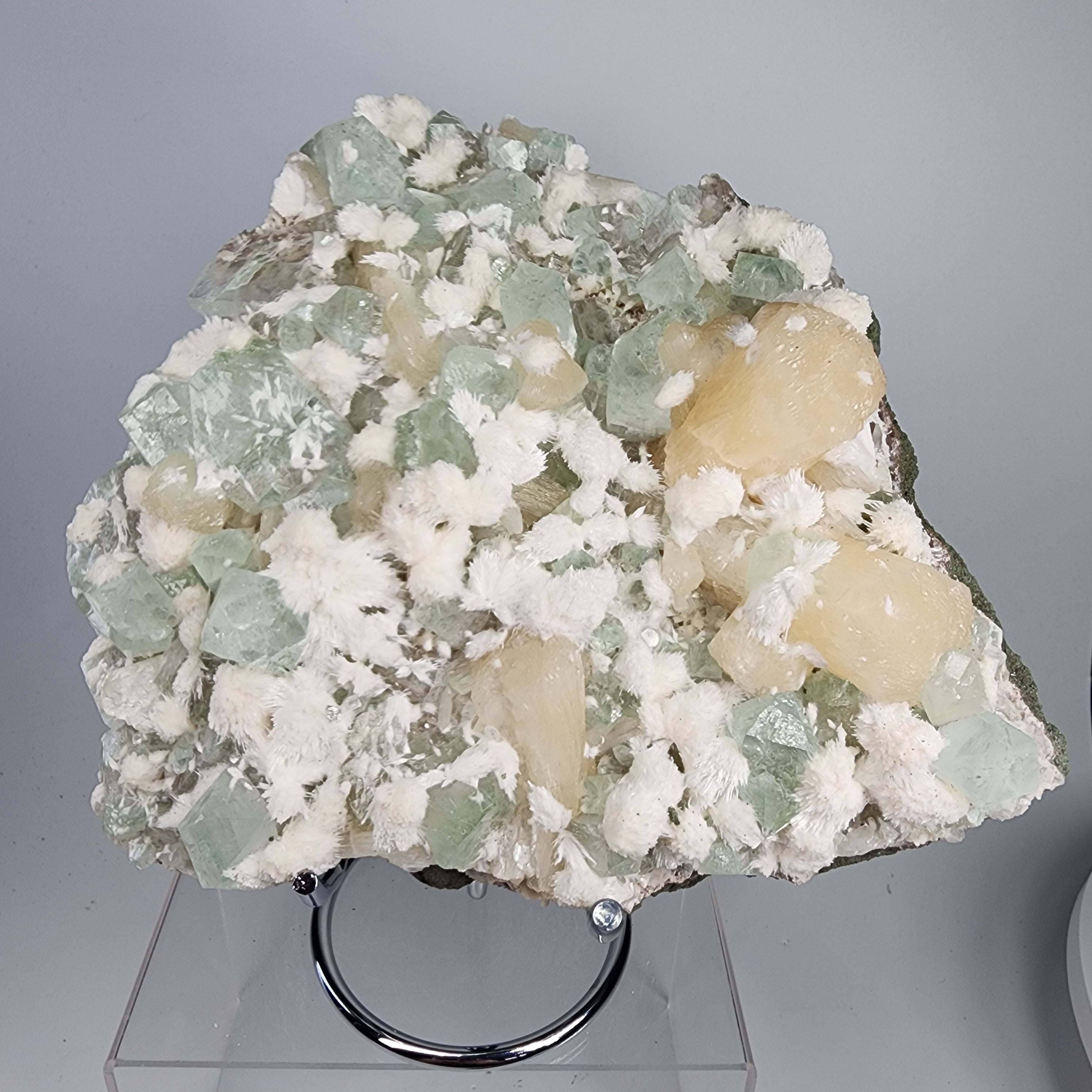 Okenite on Green Apophyllite Specimen #72 from Aurangabad, Maharashtra, India