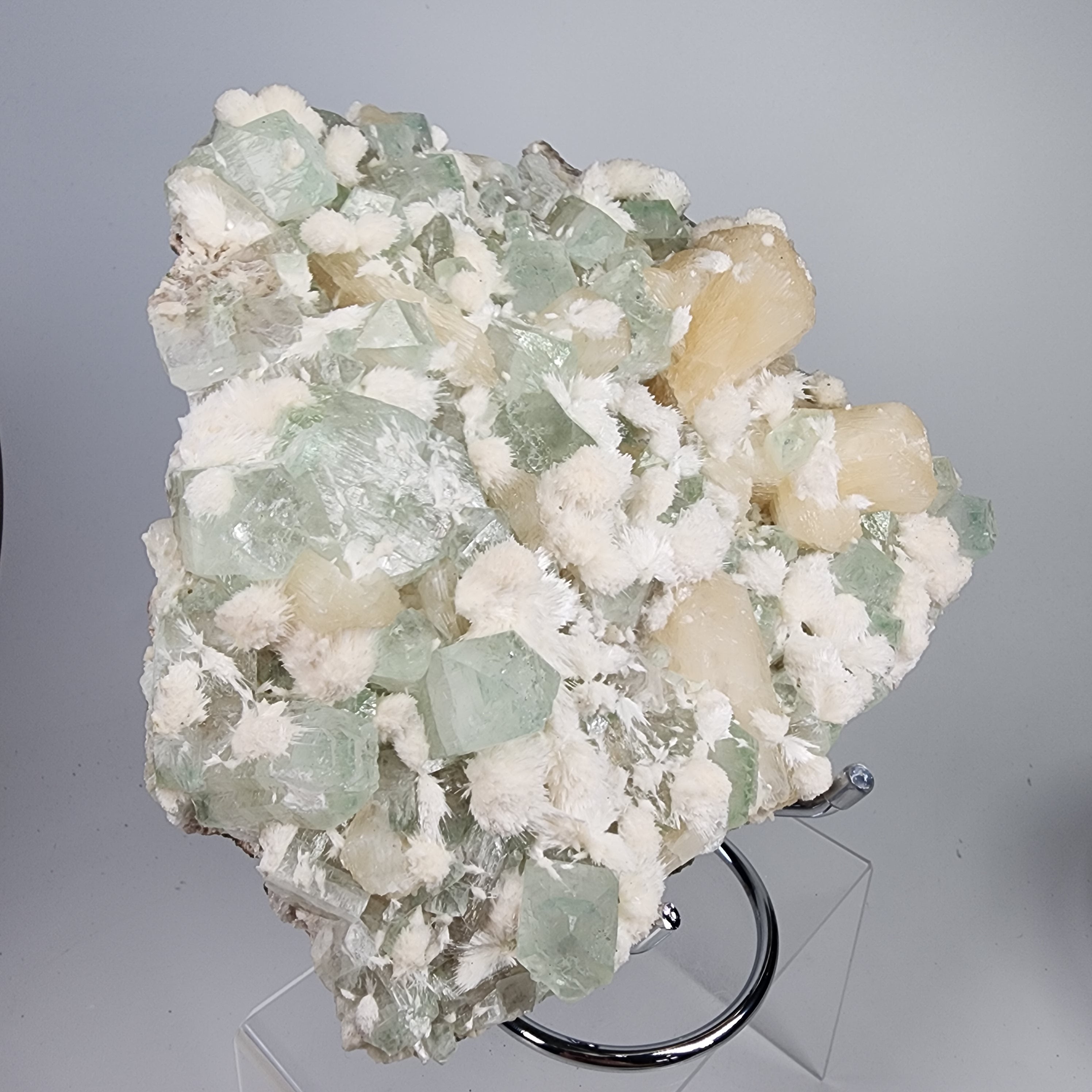 Okenite on Green Apophyllite Specimen #72 from Aurangabad, Maharashtra, India