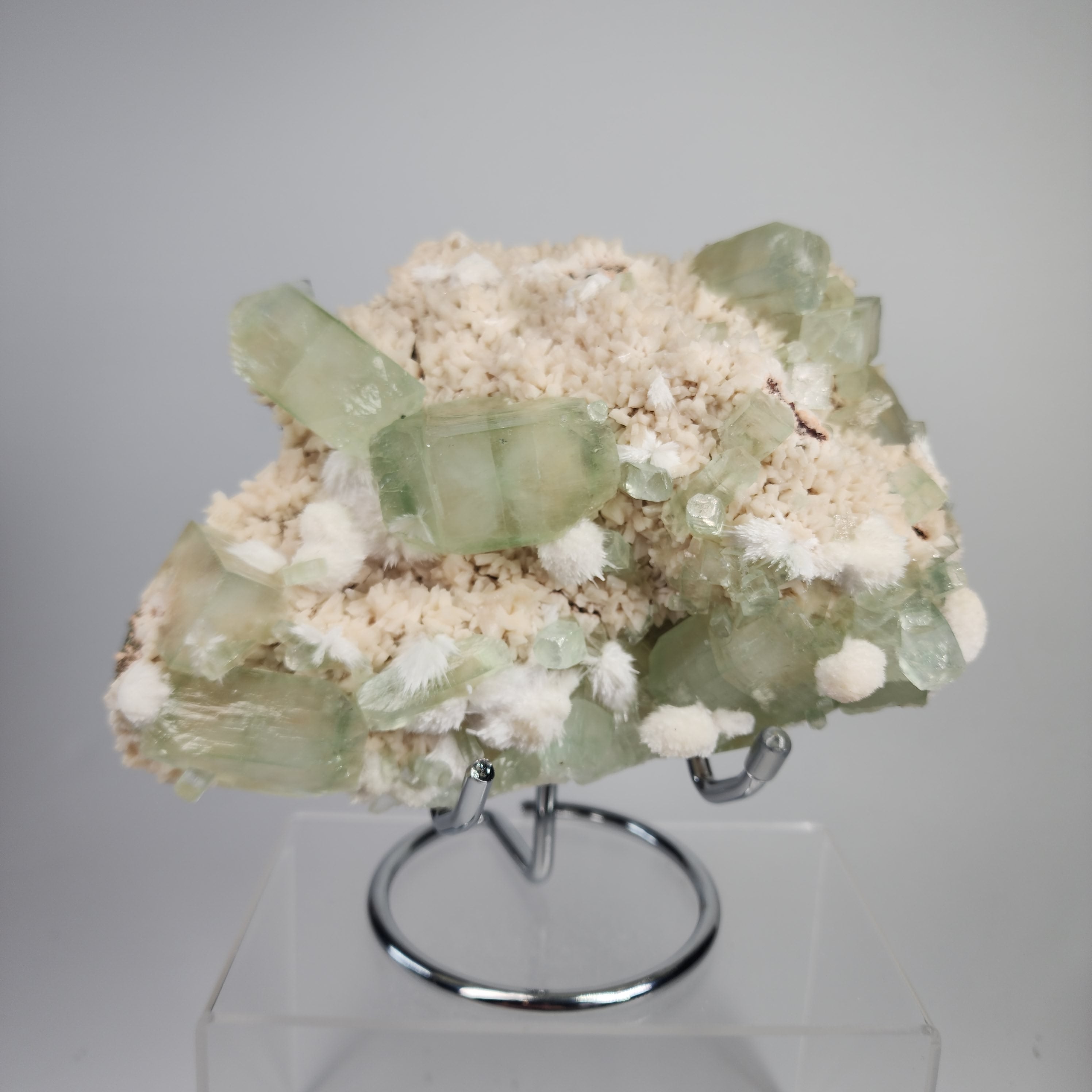 Okenite on Green Apophyllite Specimen #73 from Aurangabad, Maharashtra, India