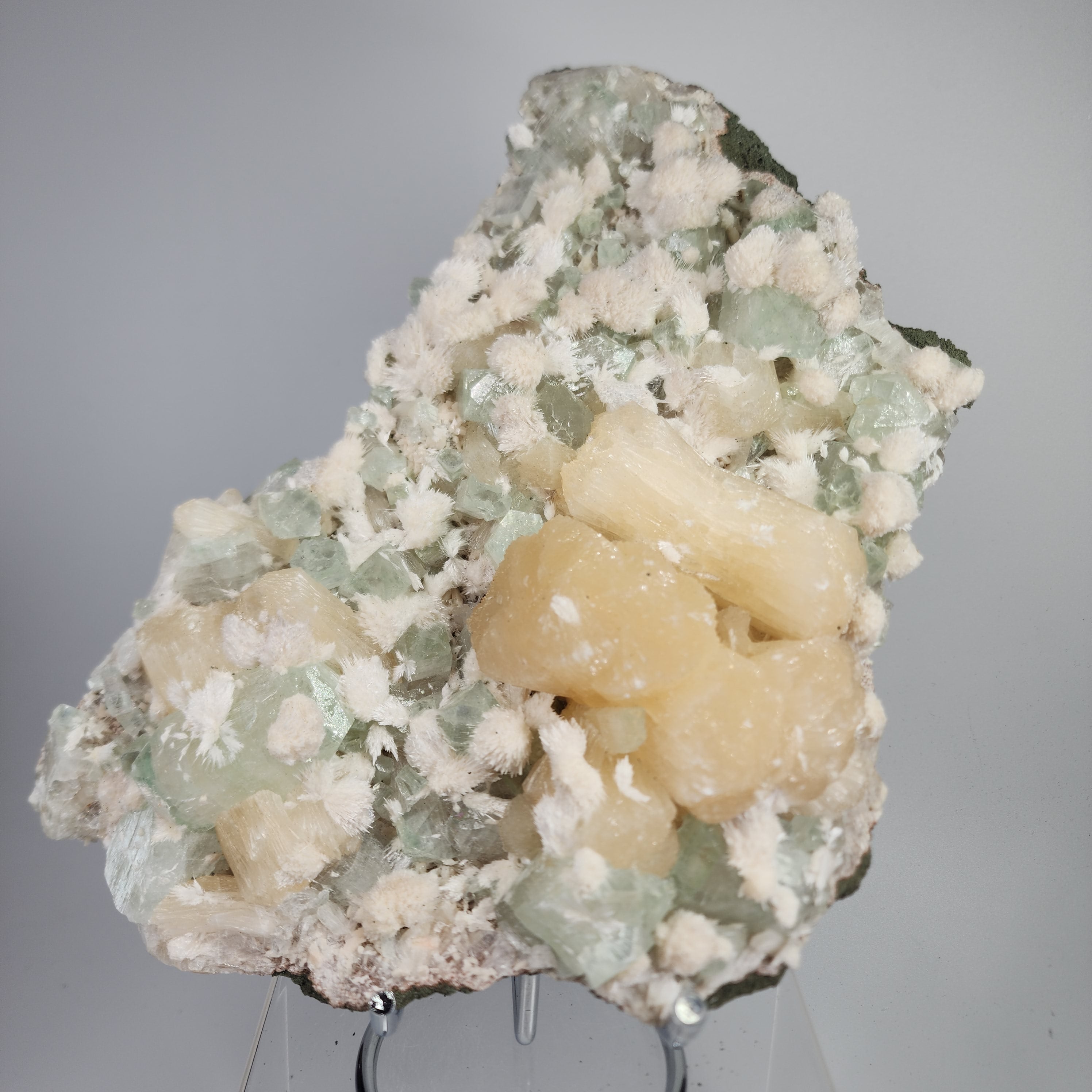 Okenite on Green Apophyllite Specimen #74 from Aurangabad, Maharashtra, India