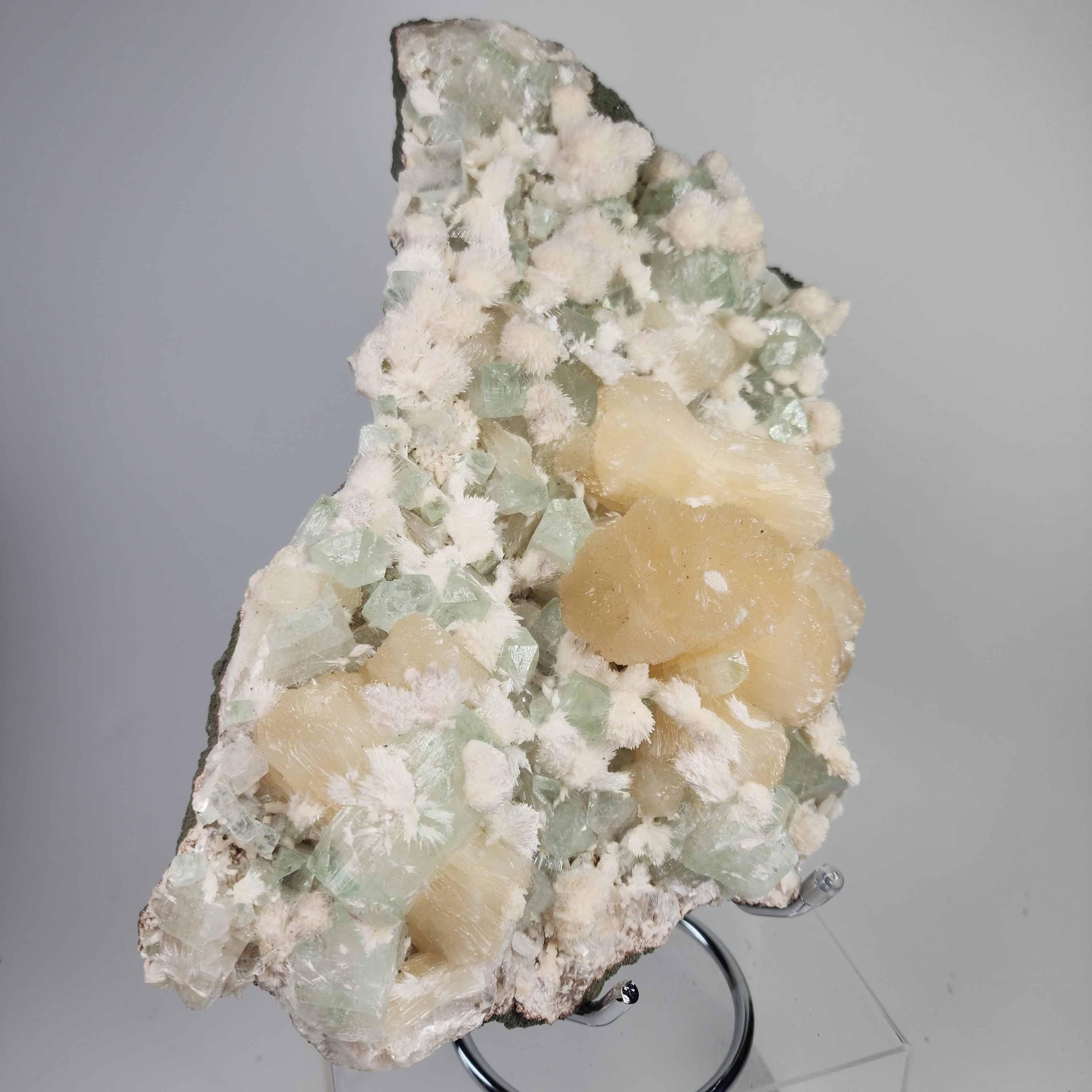 Okenite on Green Apophyllite Specimen #74 from Aurangabad, Maharashtra, India