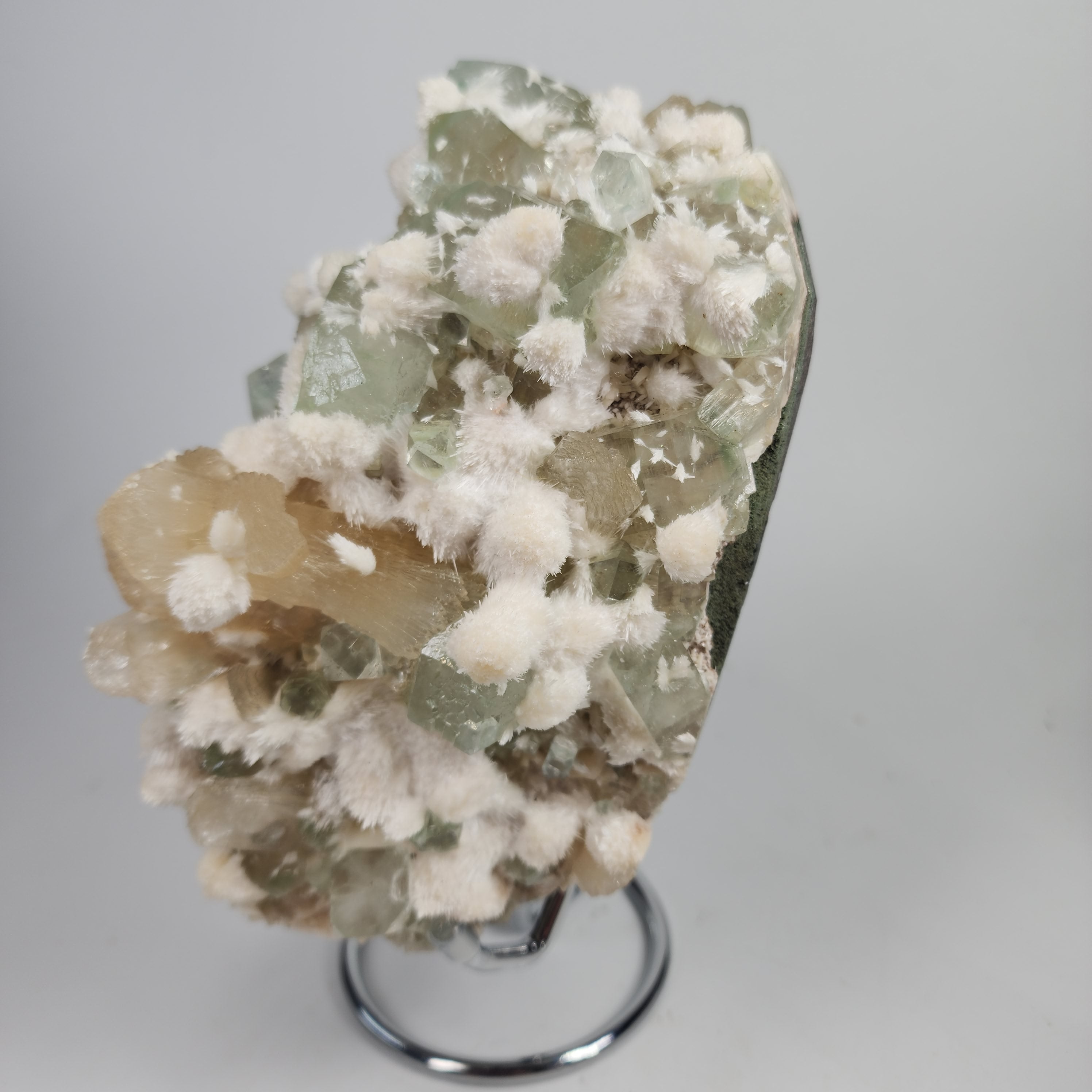 Okenite on Green Apophyllite Specimen #76 from Aurangabad, Maharashtra, India