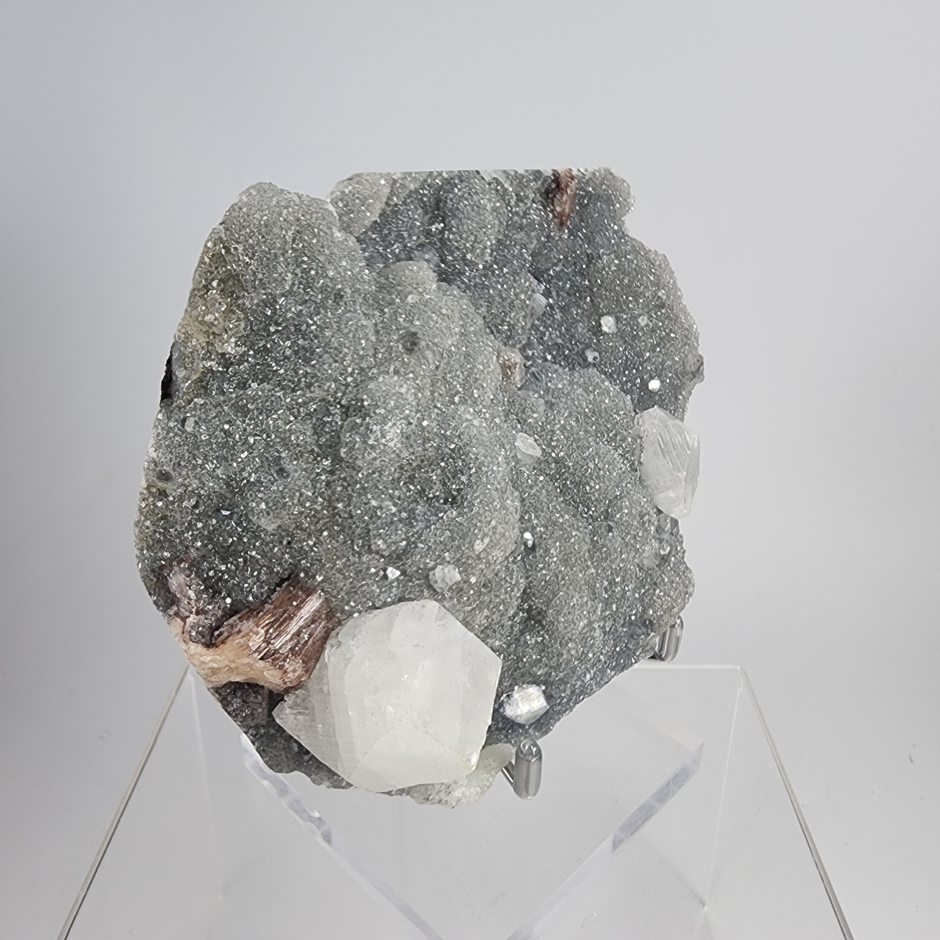 Apophyllite with Hematite Included Stilbite on Sugary Blue Chalcedony Specimen #1 from the Nasik District, Maharashtra, India